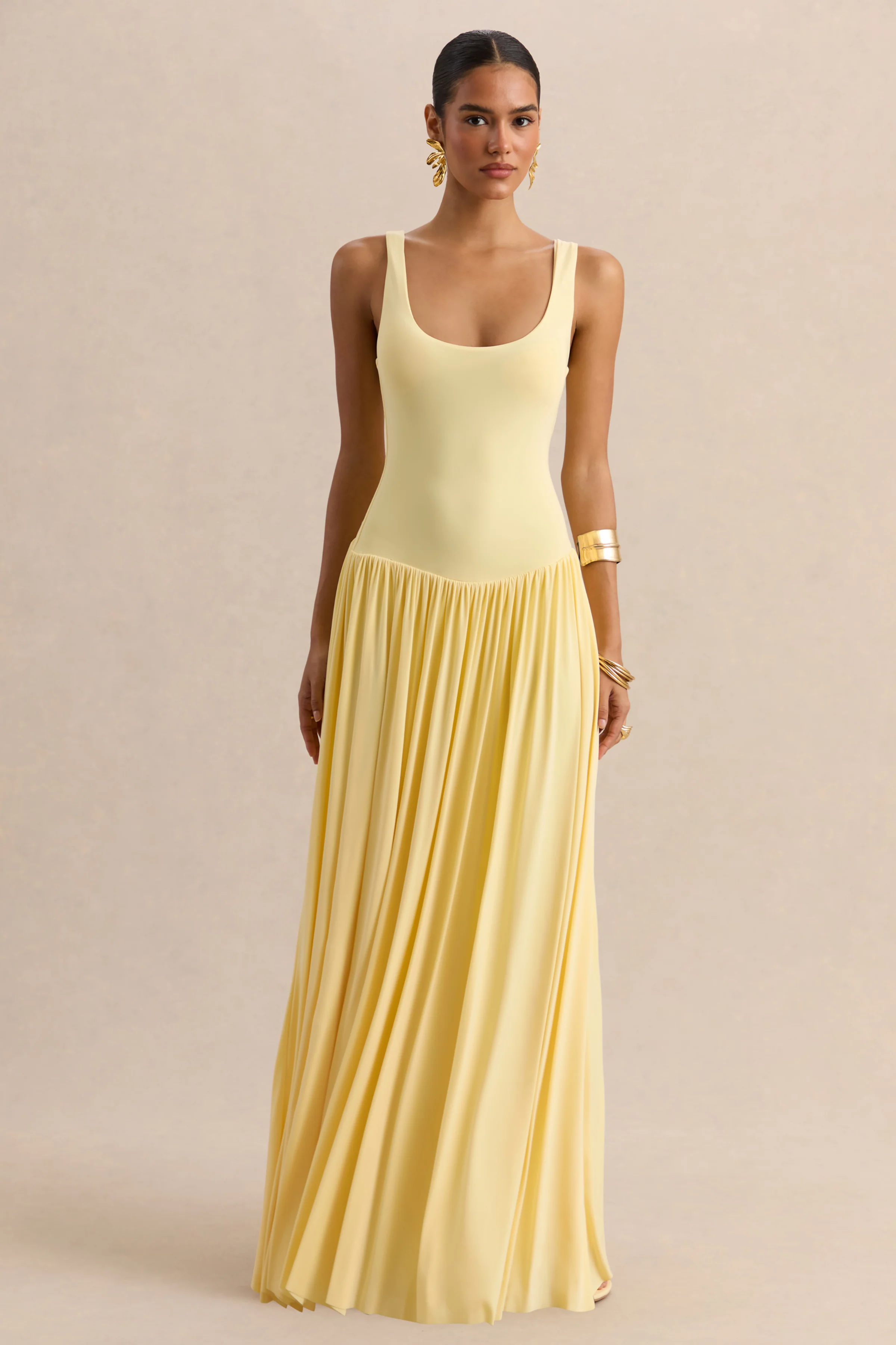Aurina | Lemon Square-Neck Maxi Dress With Scarf-Detail - Image 5