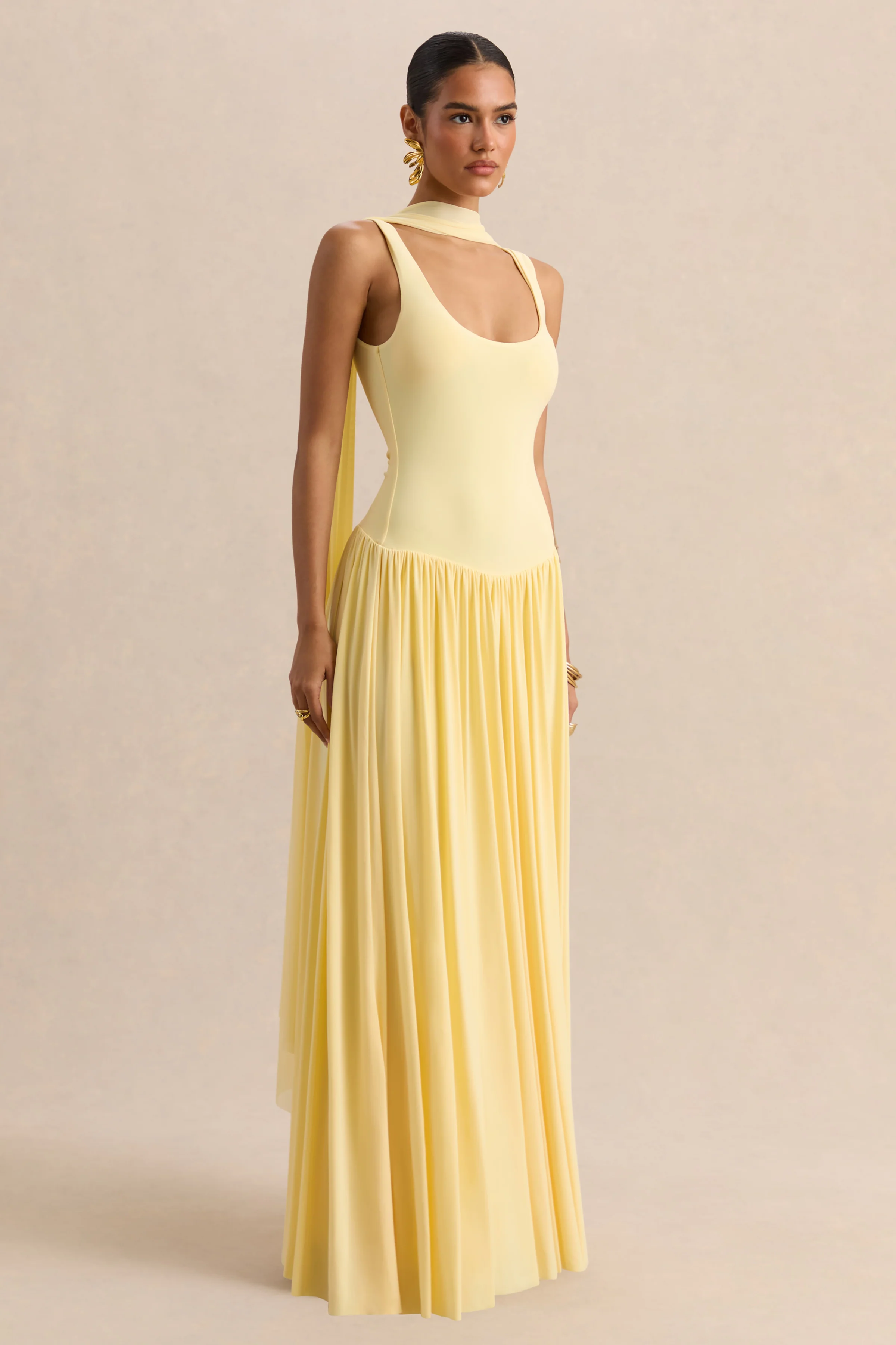 Aurina | Lemon Square-Neck Maxi Dress With Scarf-Detail - Image 6