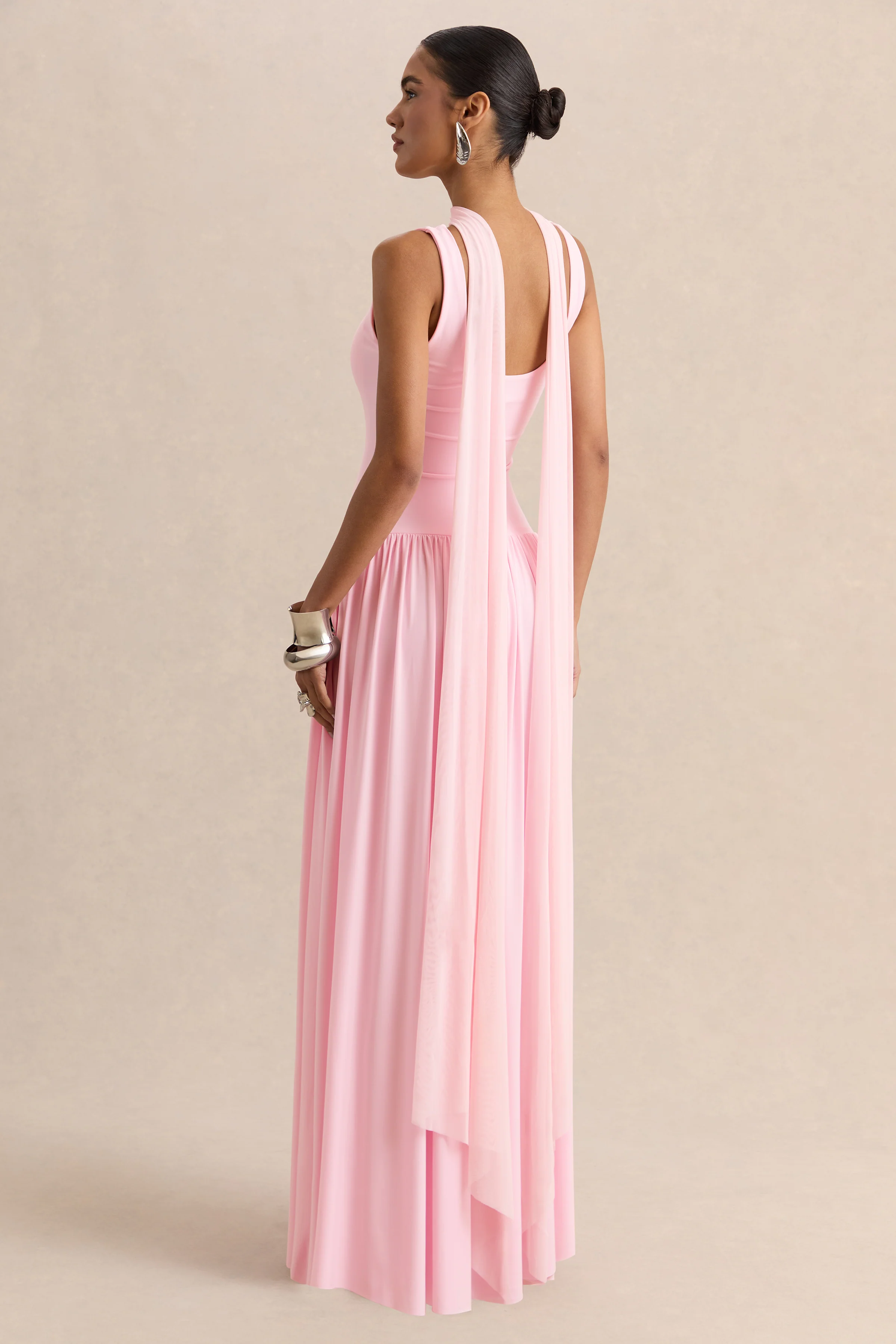 Aurina | Pink Square-Neck Maxi Dress With Scarf-Detail - Image 2