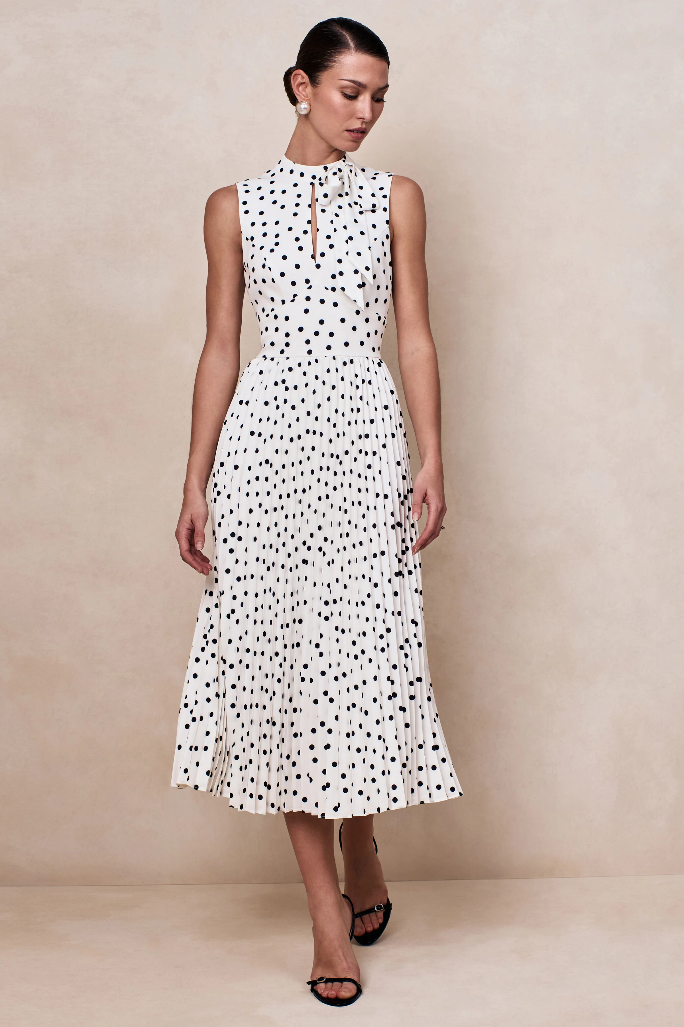 Avalon | White Polka Dot Scarf-Neck Midi Dress With Pleated Skirt - Image 5