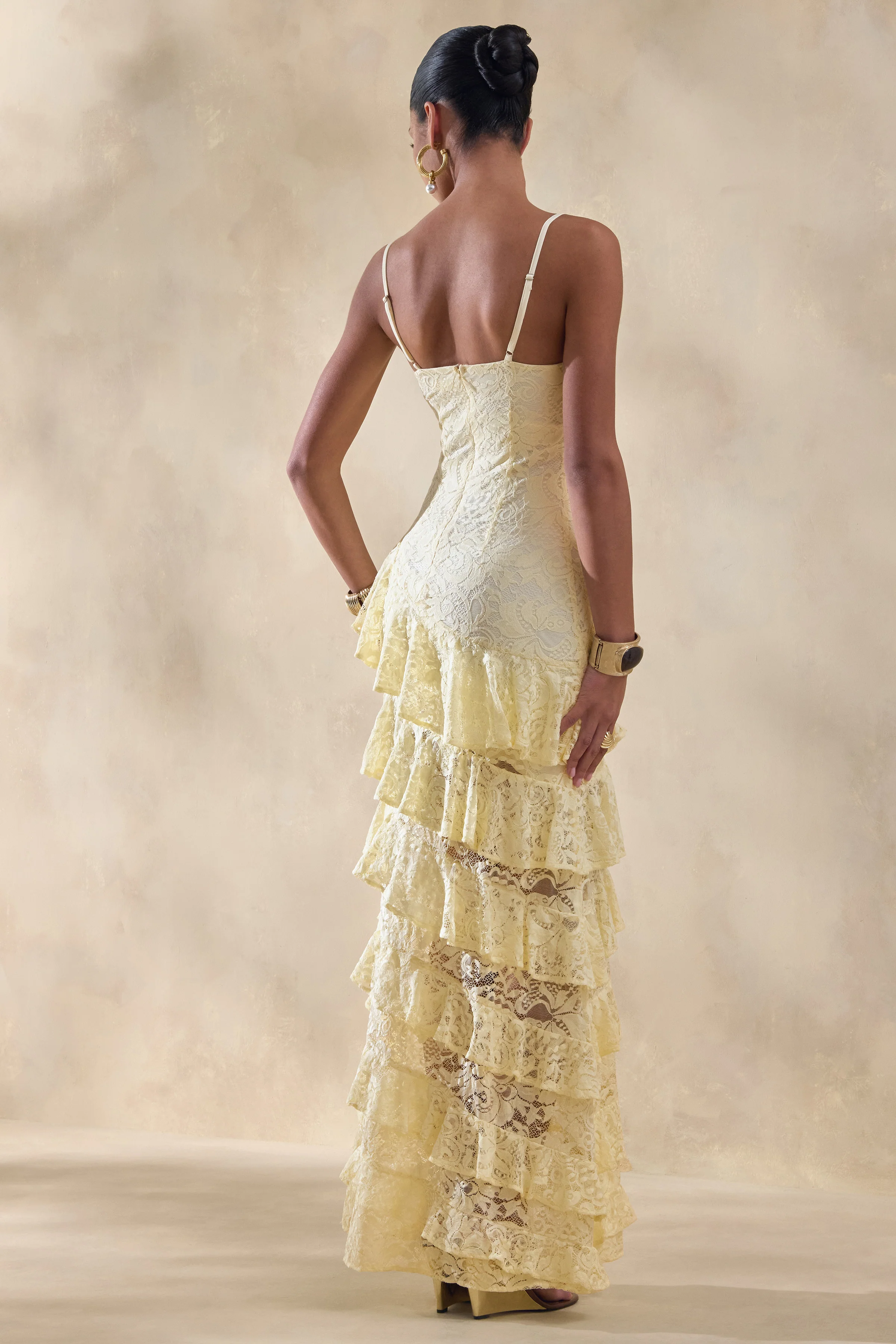 Avelisse | Lemon Lace Plunge-Neck Maxi Dress With Ruffled Detailing - Image 2