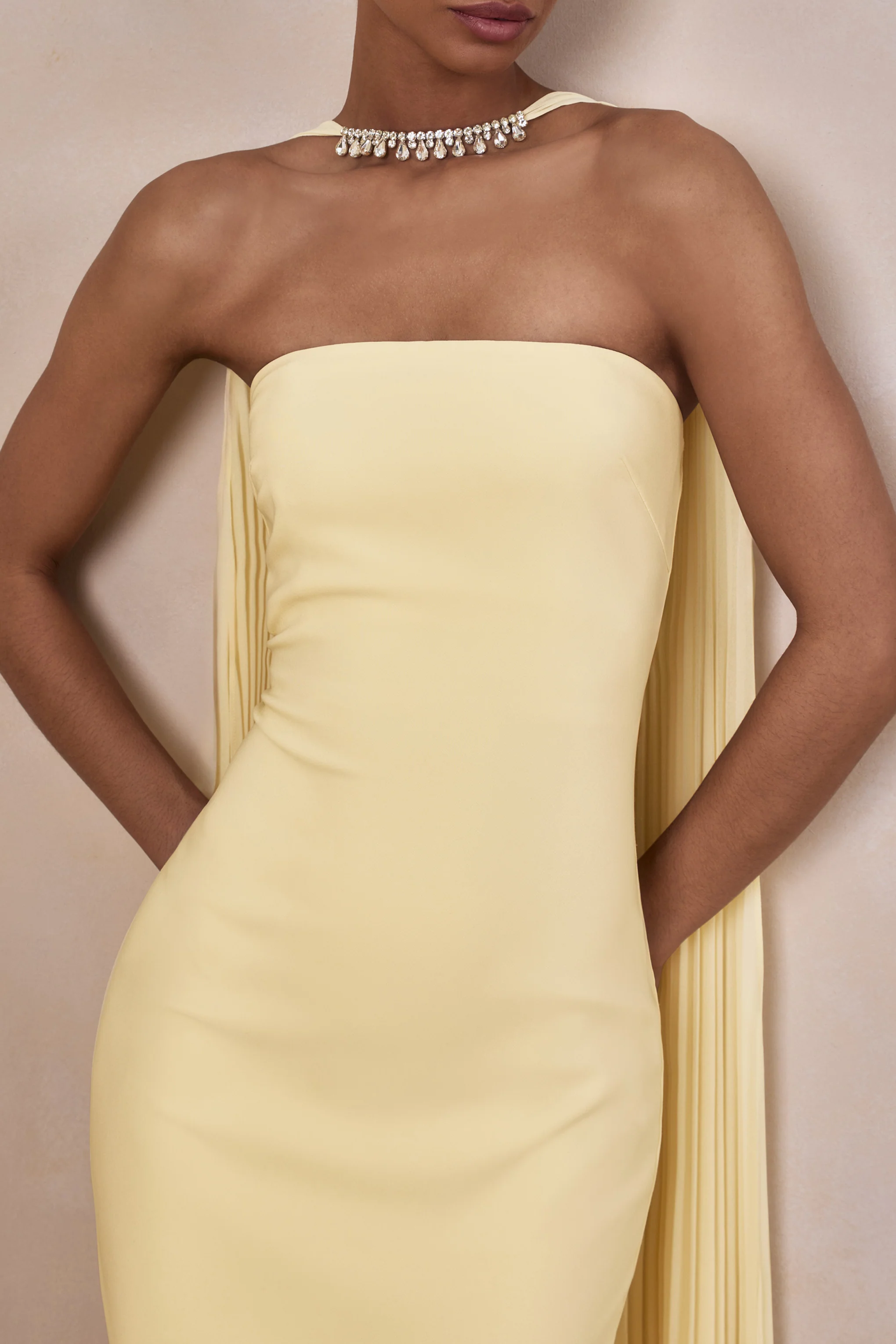 Avery | Lemon Bandeau Maxi Dress With Embellished Scarf - Image 2