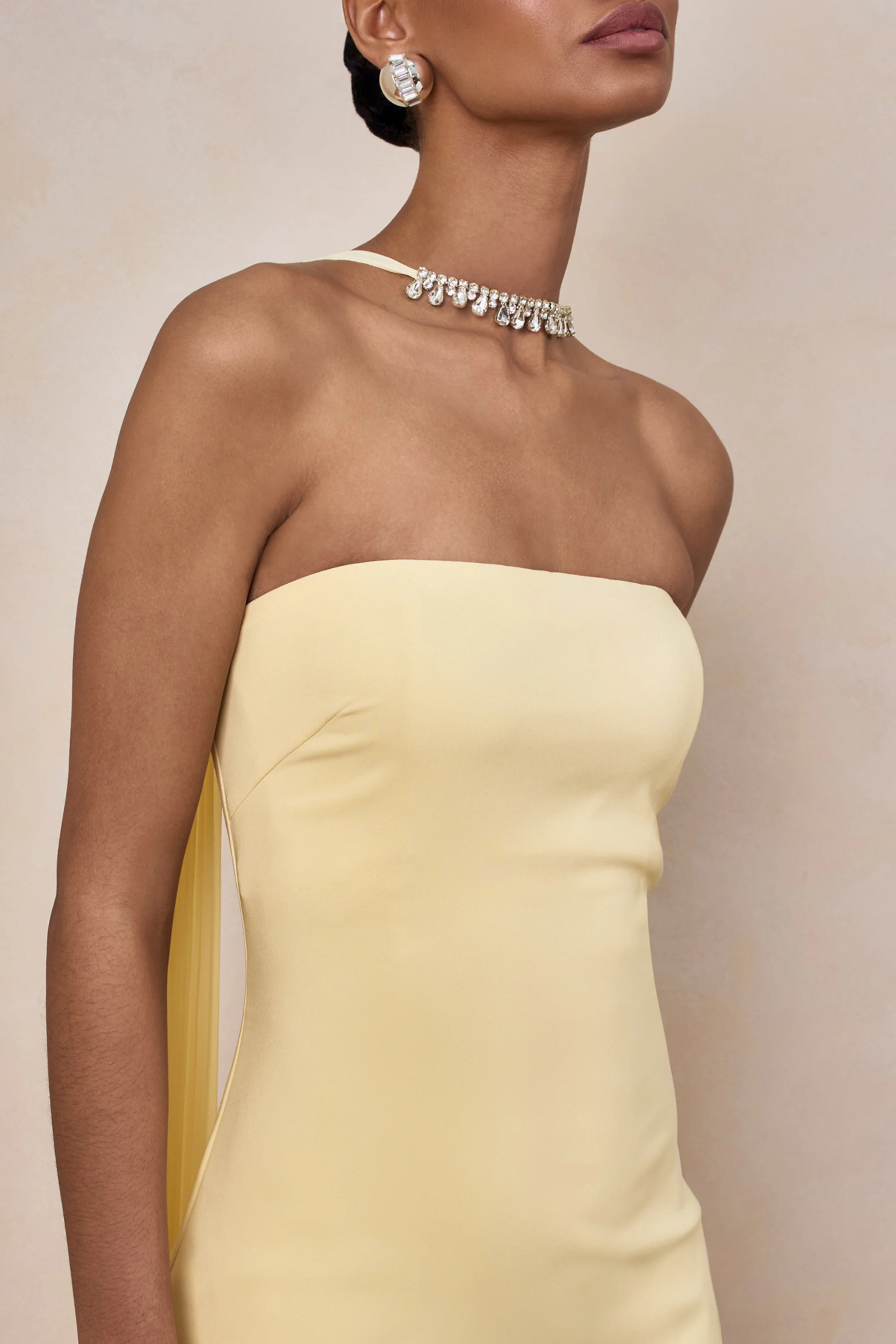 Avery | Lemon Bandeau Maxi Dress With Embellished Scarf - Image 6