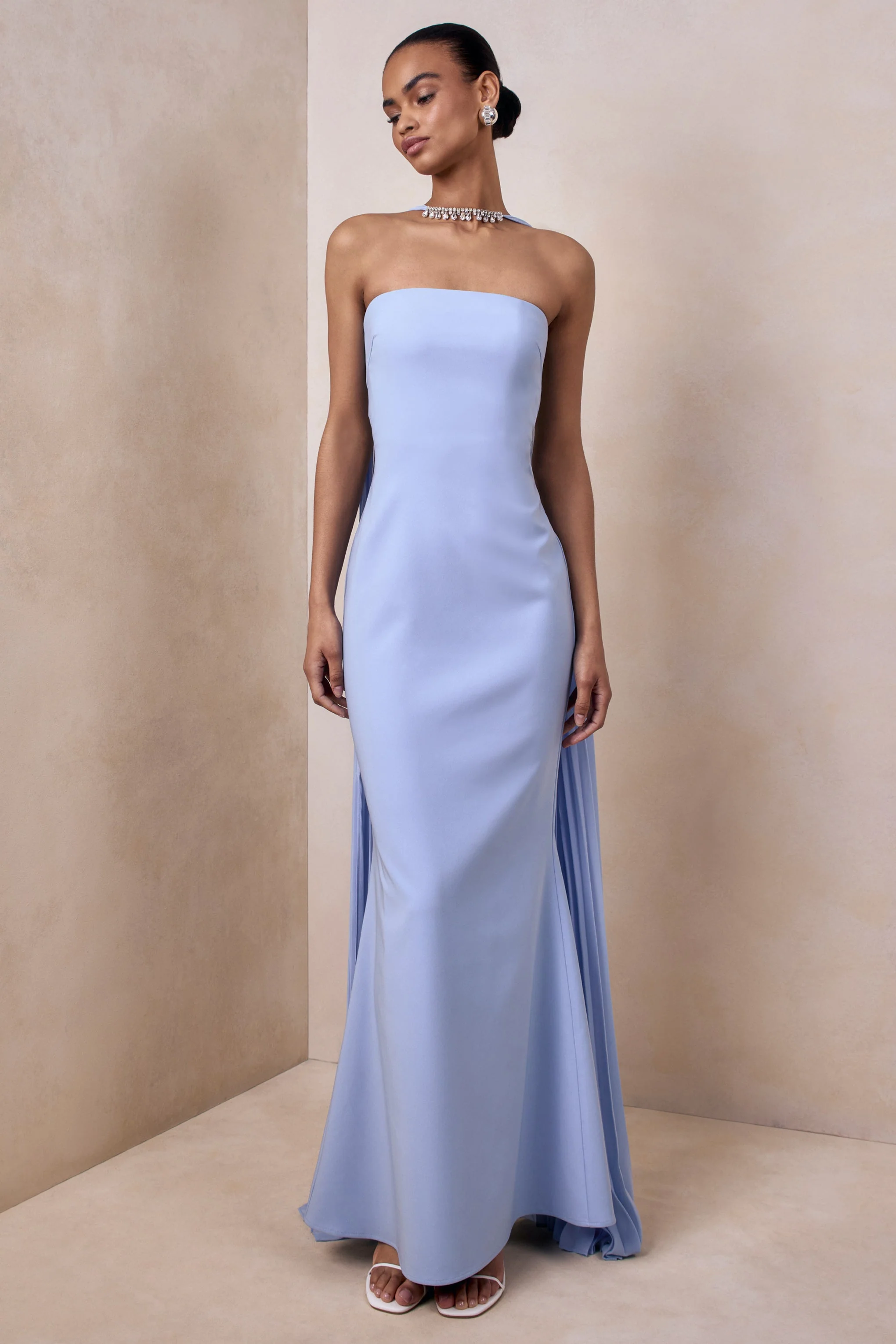 Avery | Powder Blue Bandeau Maxi Dress With Embellished Scarf - Image 3