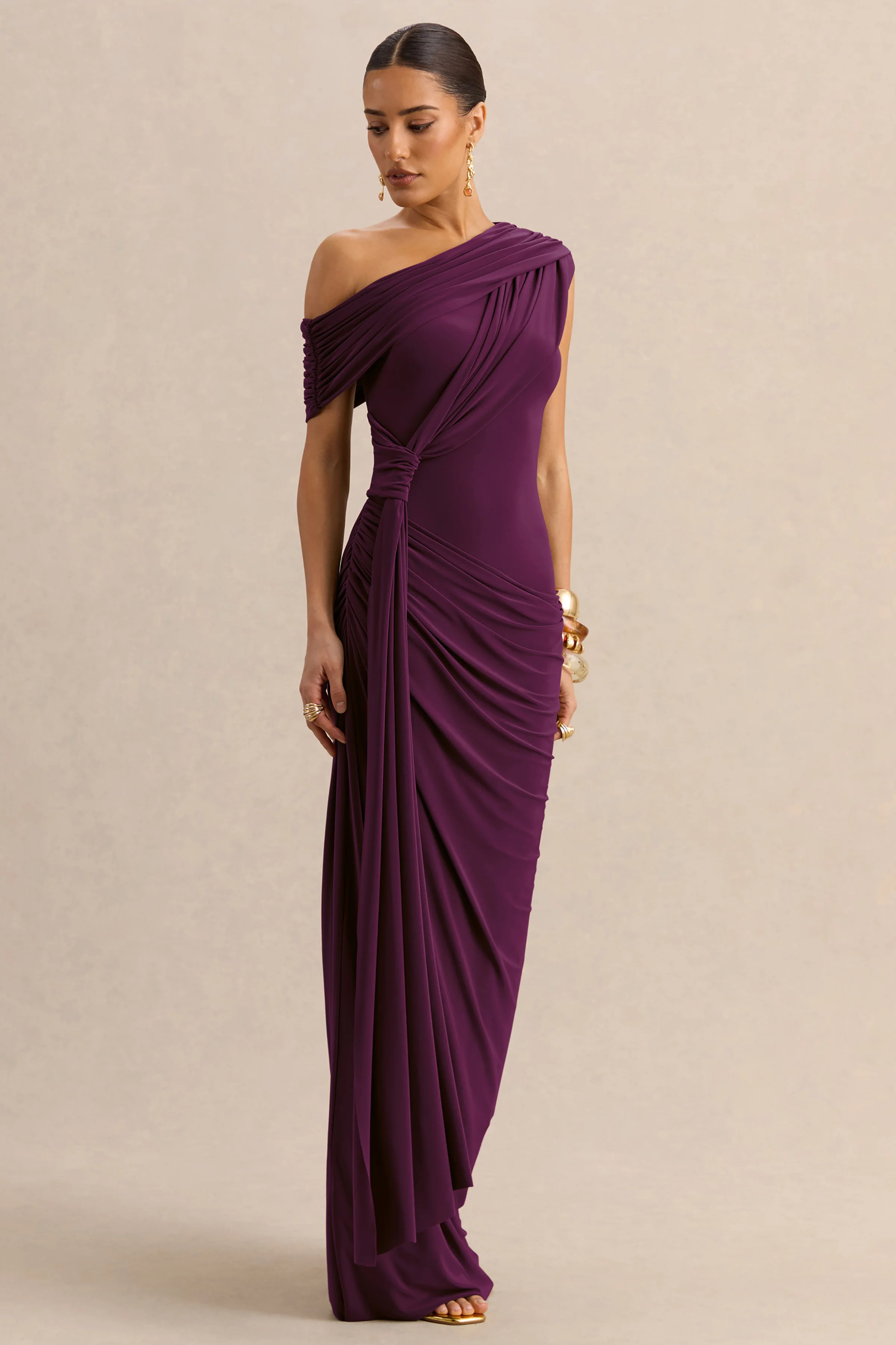 Avialee | Dark Plum Asymmetric-Neck Maxi Dress With Gathered-Detailing And Sash - Image 6