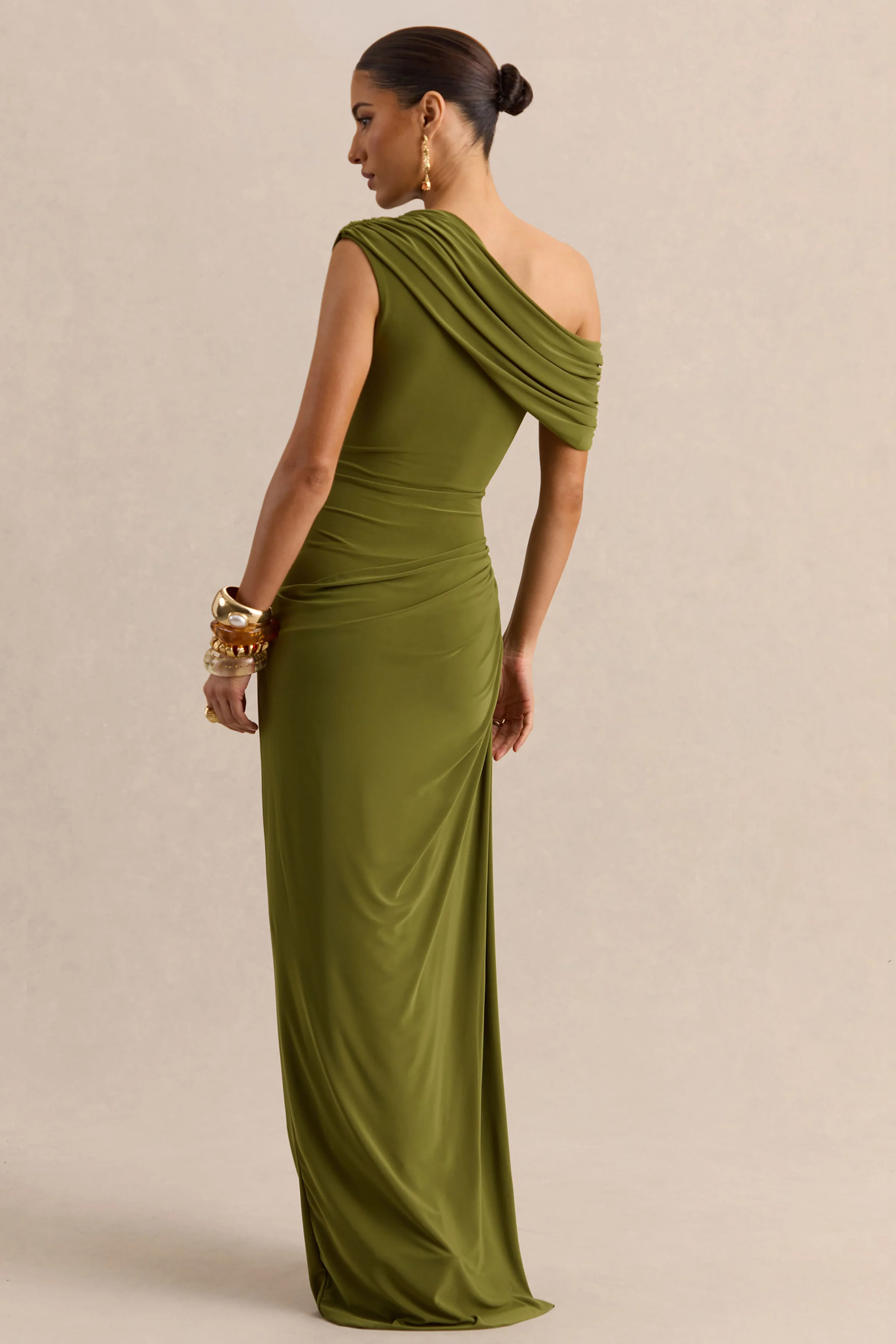 Avialee | Green Asymmetric-Neck Maxi Dress With Gathered-Detailing And Sash - Image 2
