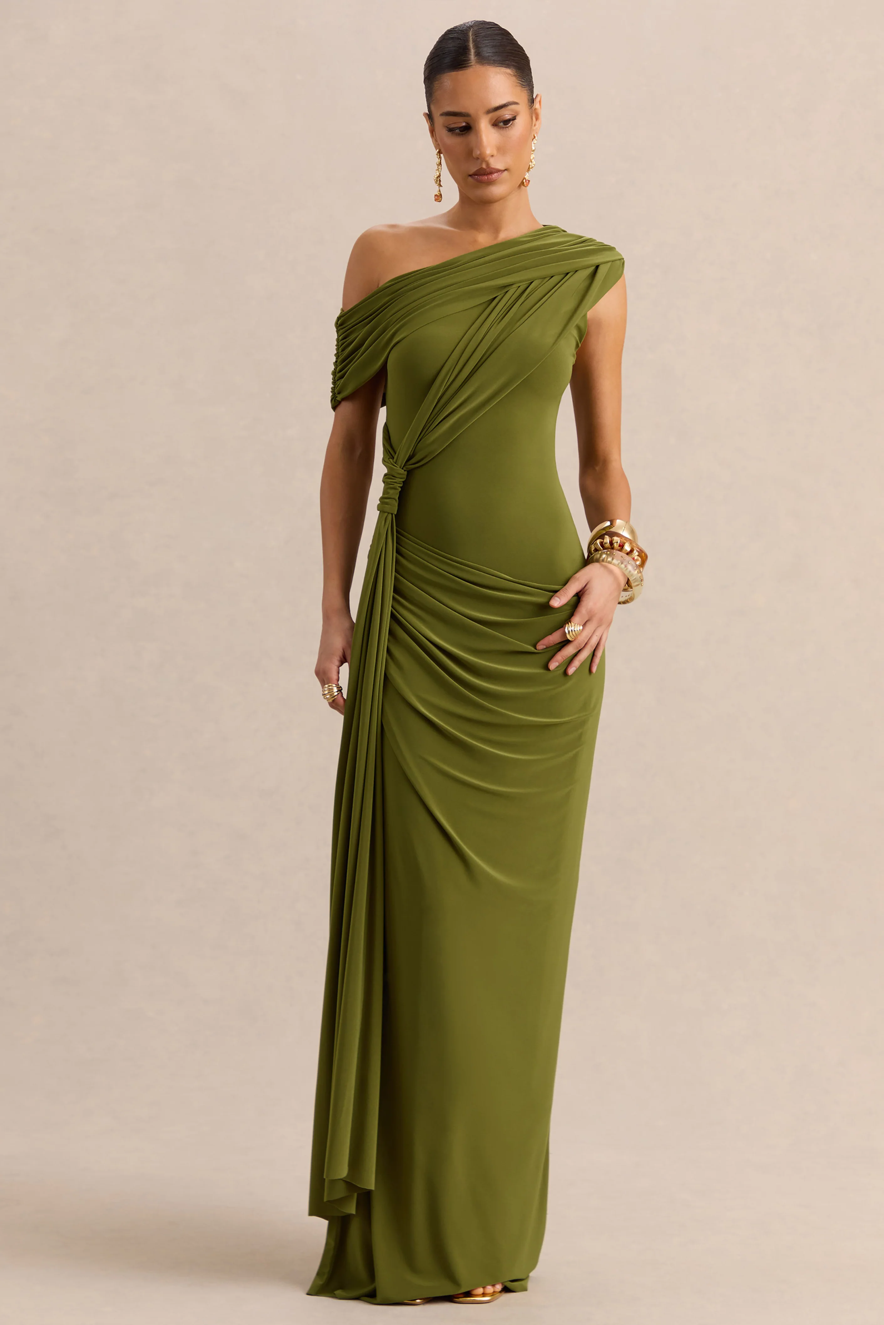 Avialee | Green Asymmetric-Neck Maxi Dress With Gathered-Detailing And Sash - Image 4