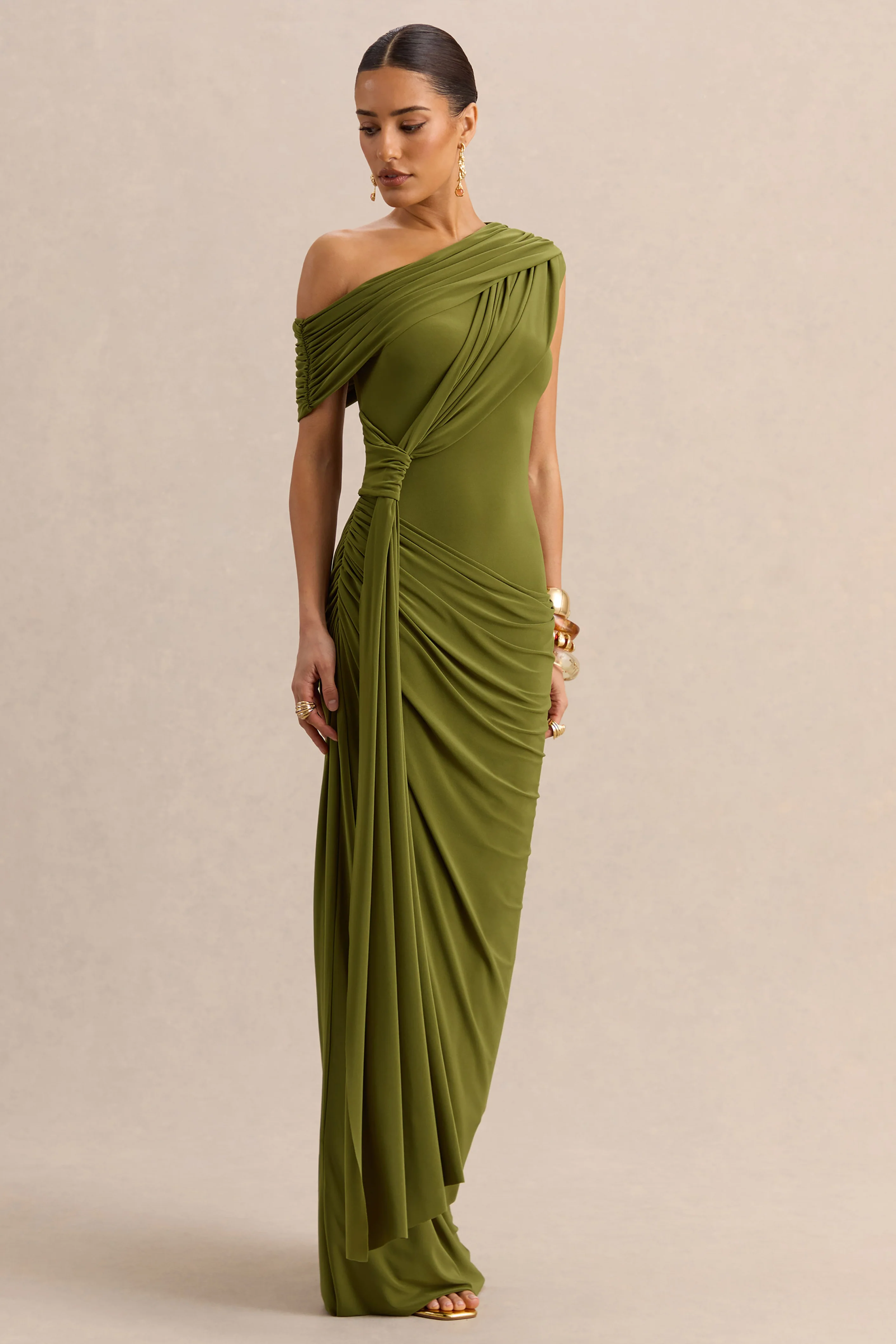 Avialee | Green Asymmetric-Neck Maxi Dress With Gathered-Detailing And Sash - Image 6