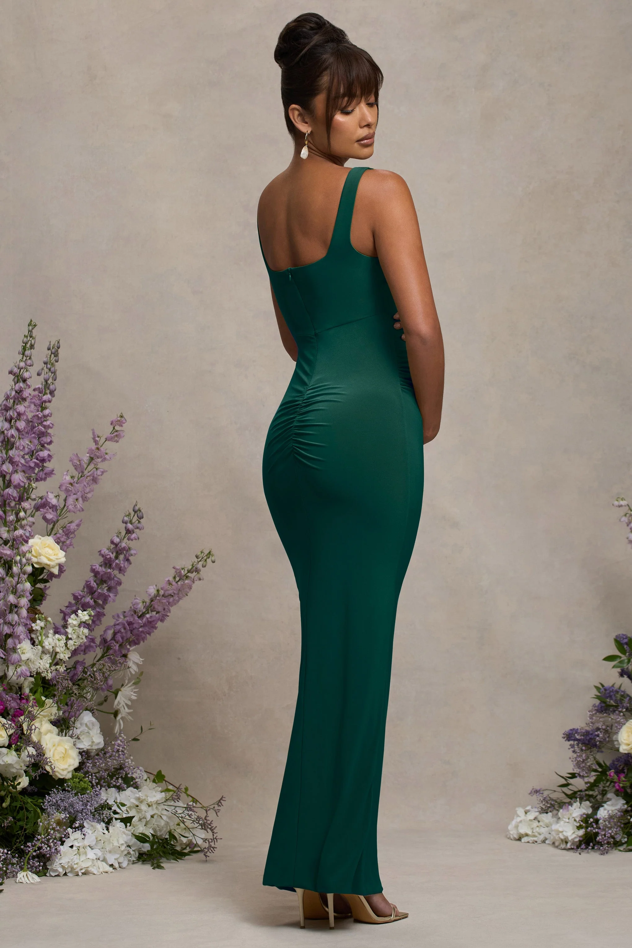 Avril | Bottle Green Square Neck Maternity Maxi Dress with Split - Image 2