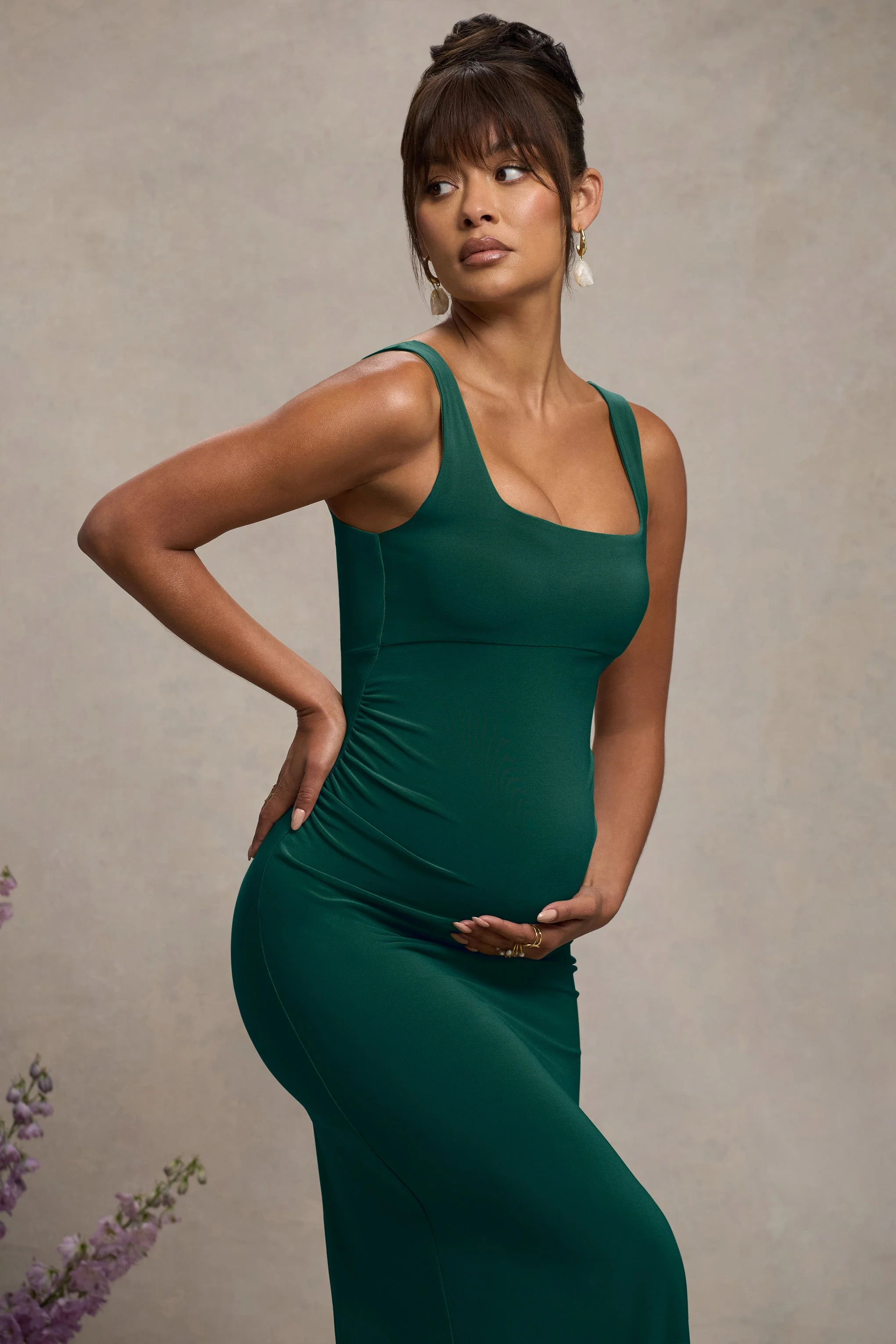 Avril | Bottle Green Square Neck Maternity Maxi Dress with Split - Image 3