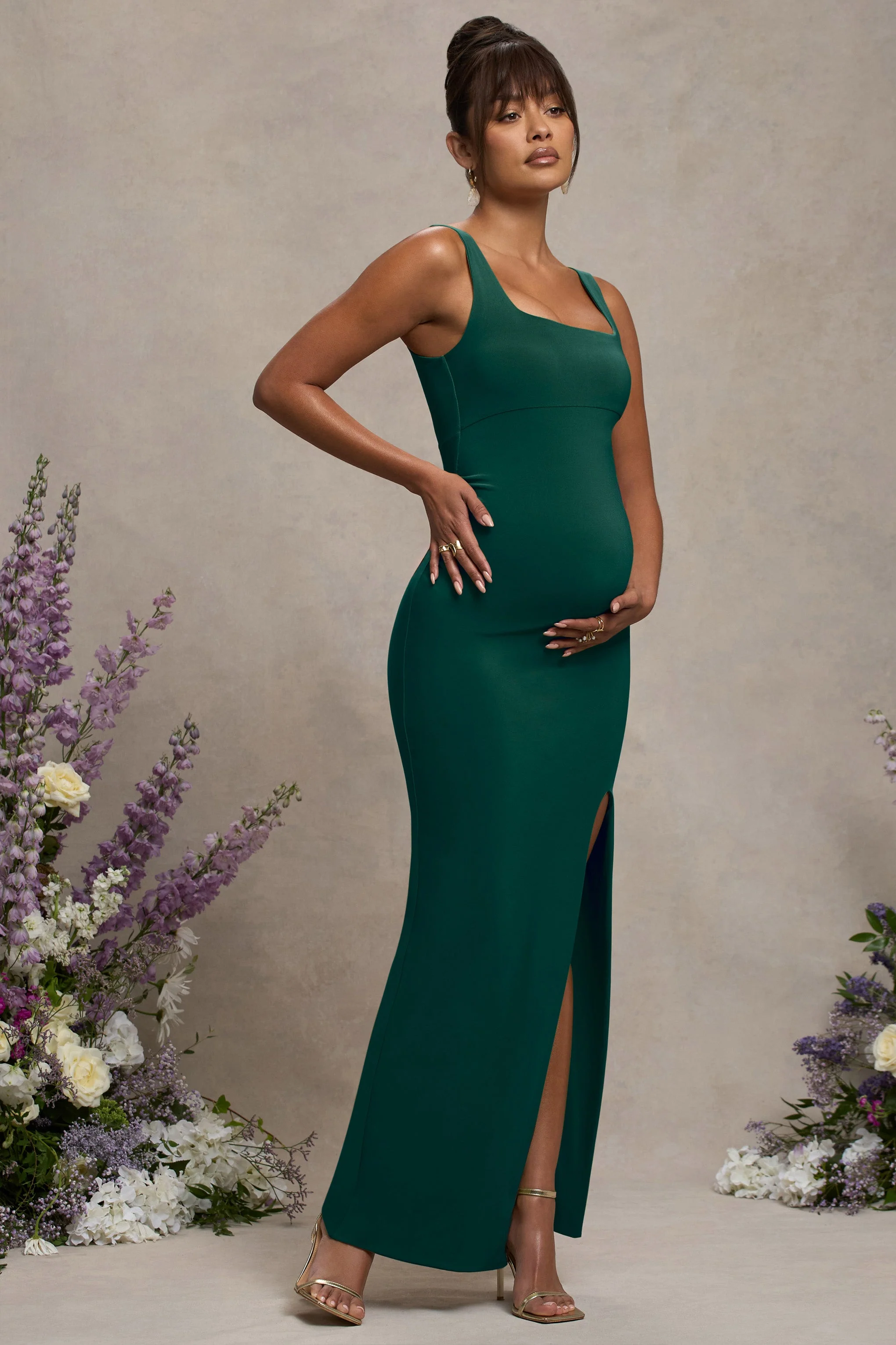 Avril | Bottle Green Square Neck Maternity Maxi Dress with Split - Image 4