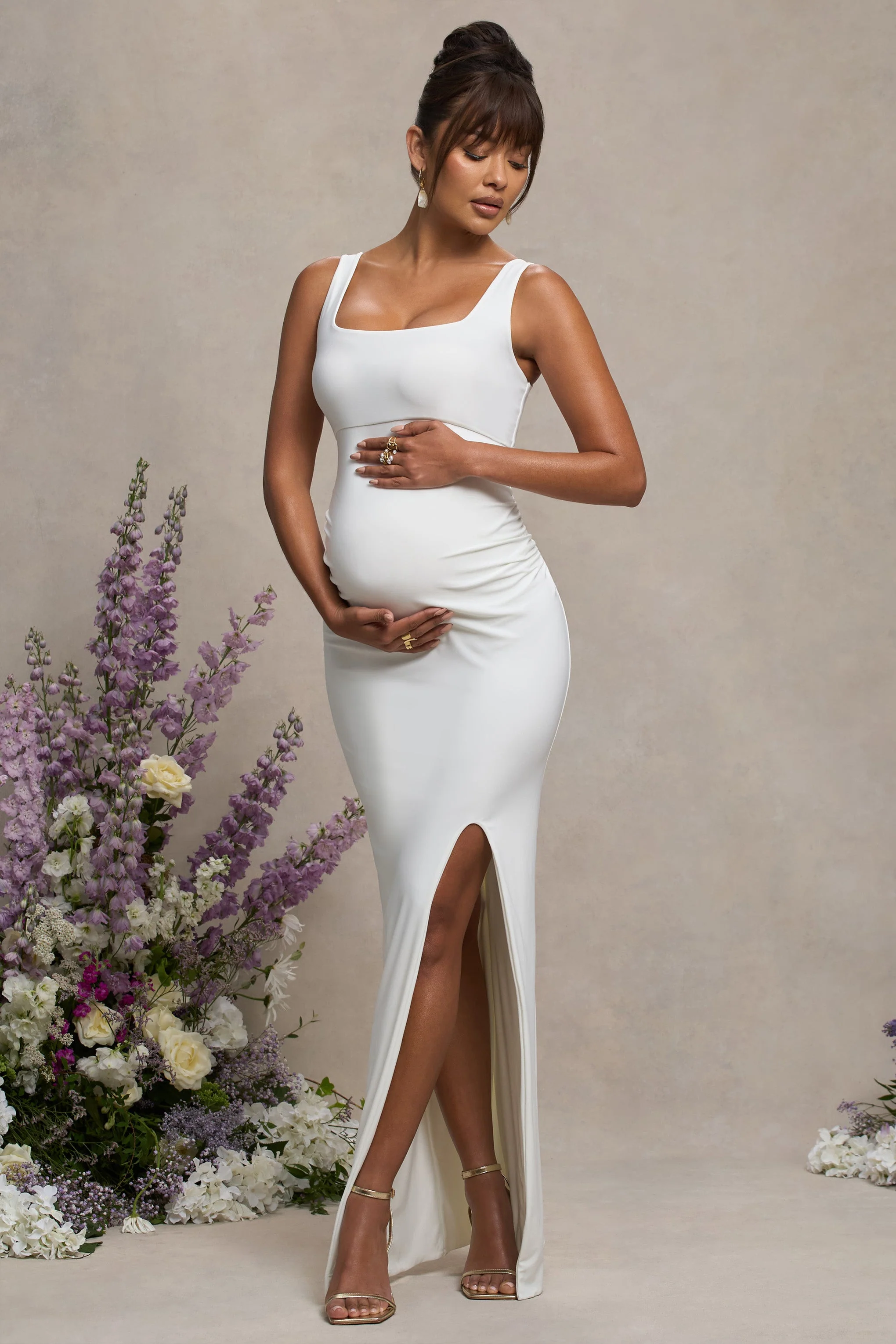 Avril | White Square Neck Maternity Maxi Dress with Split - Image 5