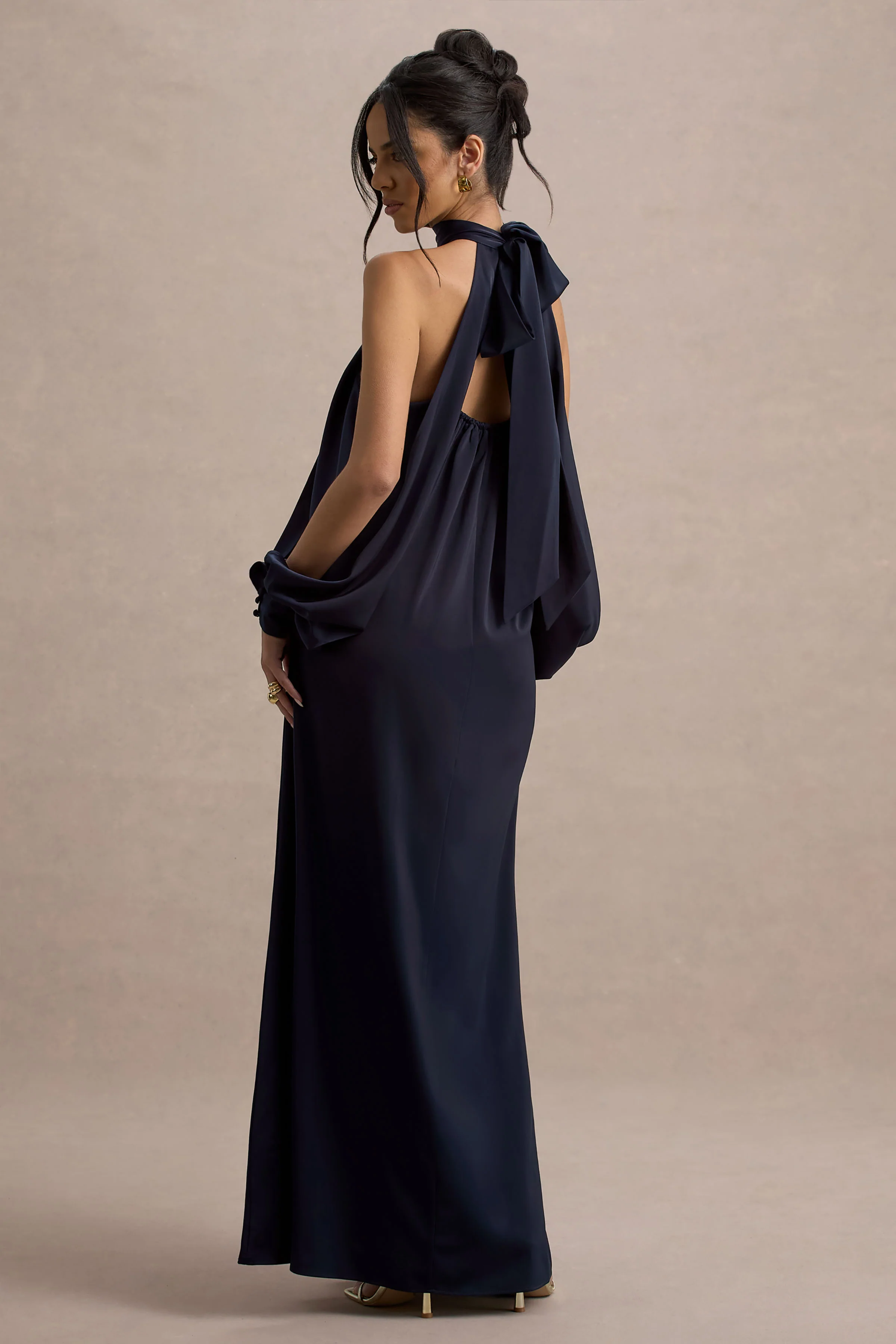 Baila | Navy Satin High-Neck Cape-Sleeve Maxi Dress - Image 2