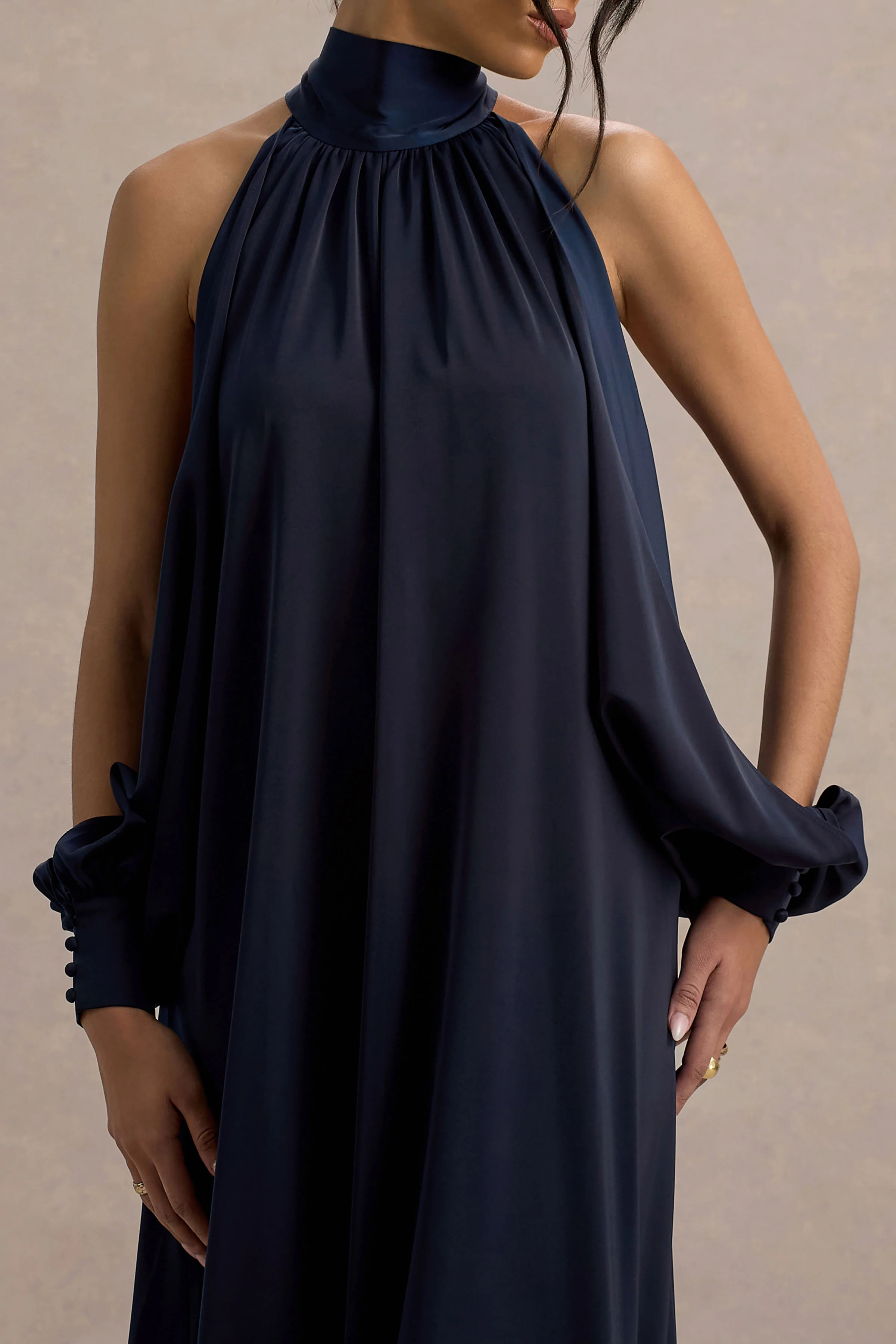 Baila | Navy Satin High-Neck Cape-Sleeve Maxi Dress - Image 3