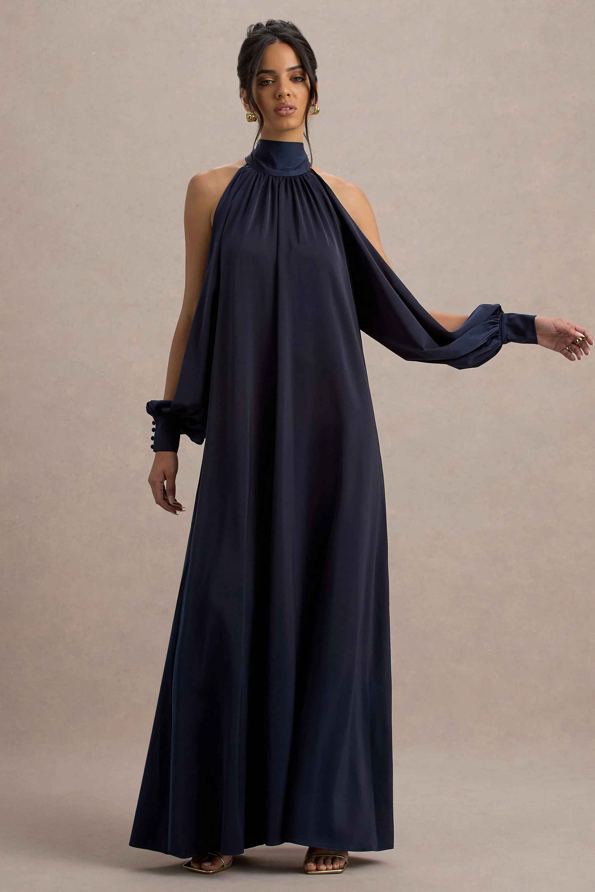 Baila | Navy Satin High-Neck Cape-Sleeve Maxi Dress - Image 4