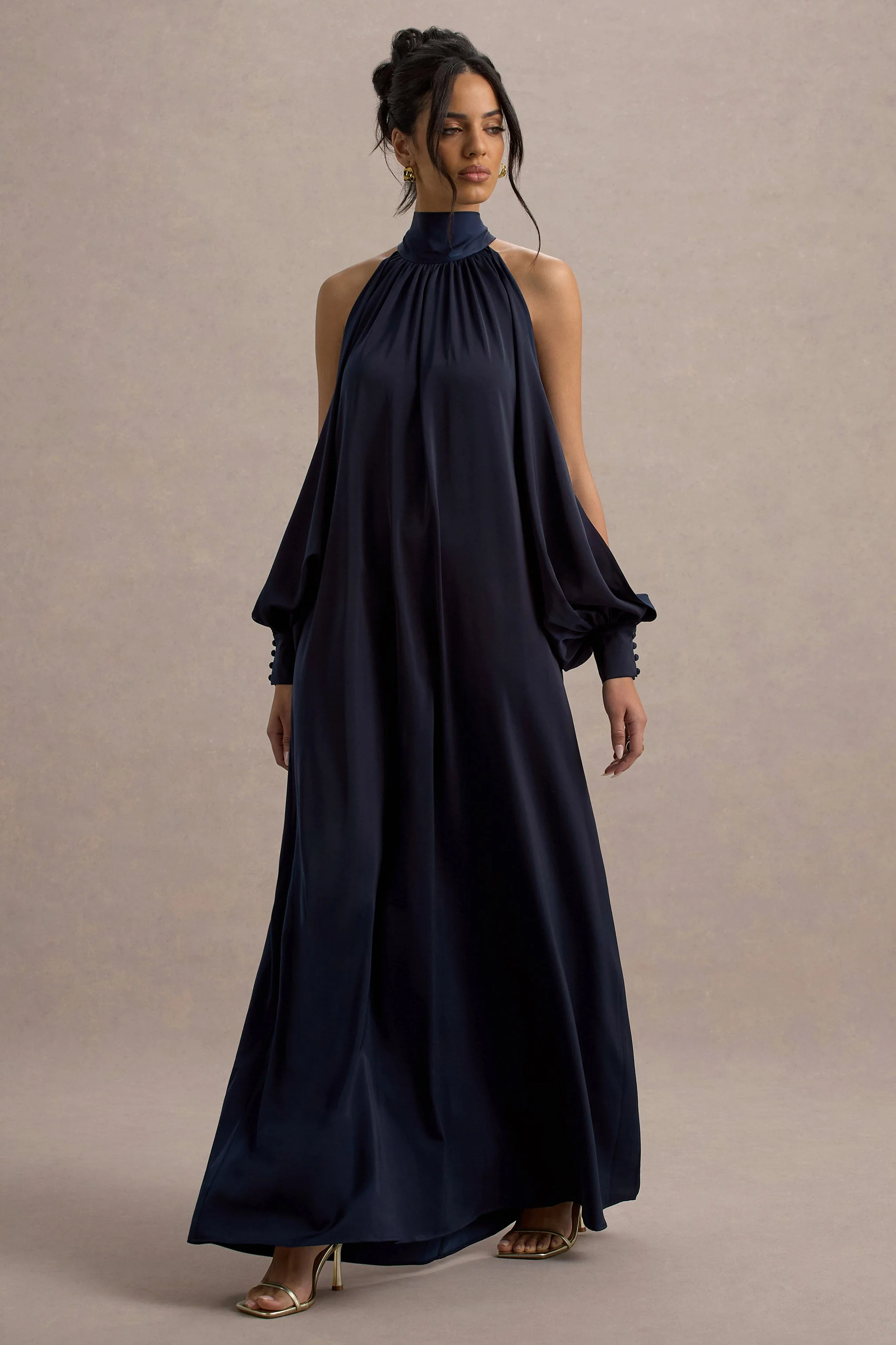 Baila | Navy Satin High-Neck Cape-Sleeve Maxi Dress - Image 5