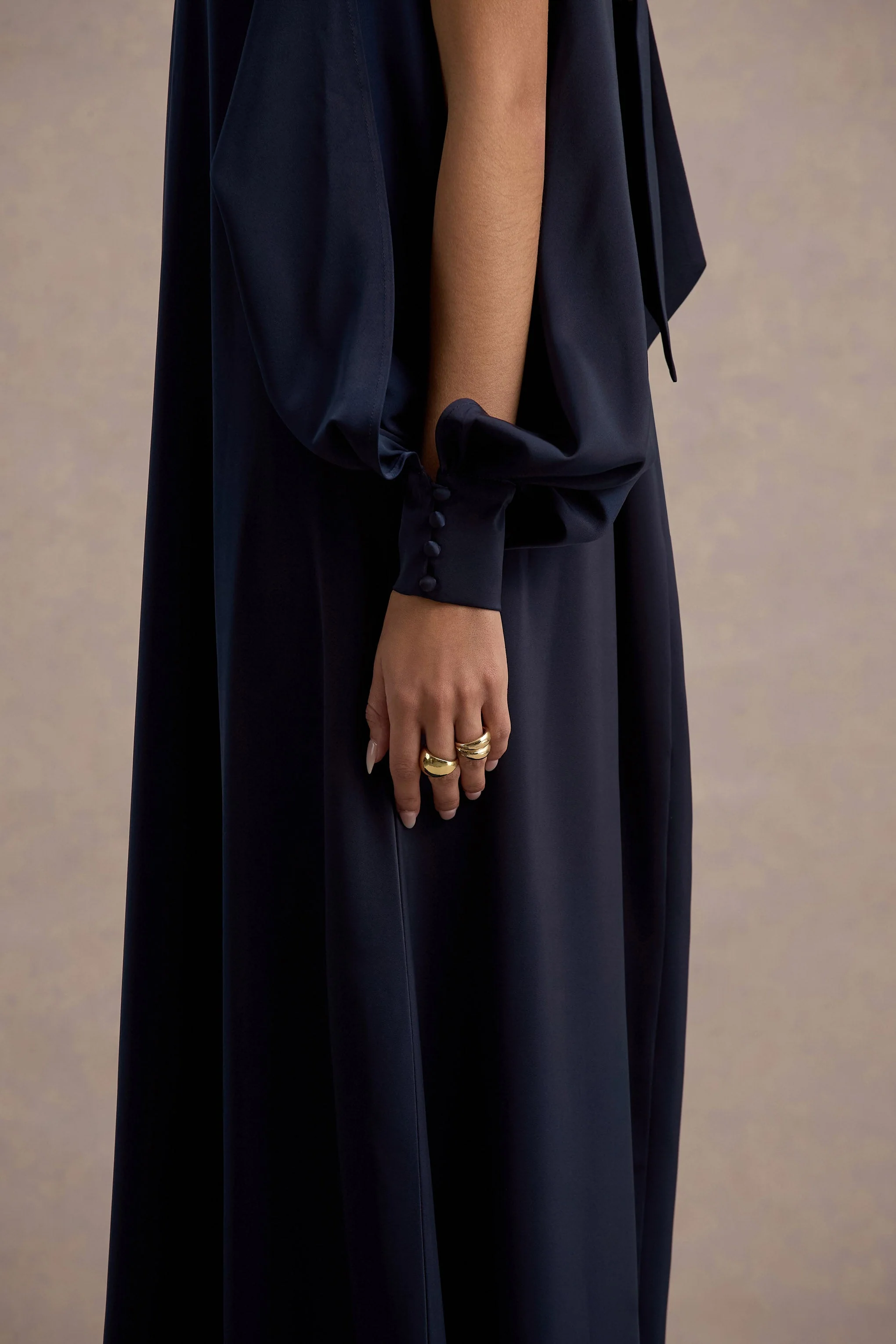 Baila | Navy Satin High-Neck Cape-Sleeve Maxi Dress - Image 6