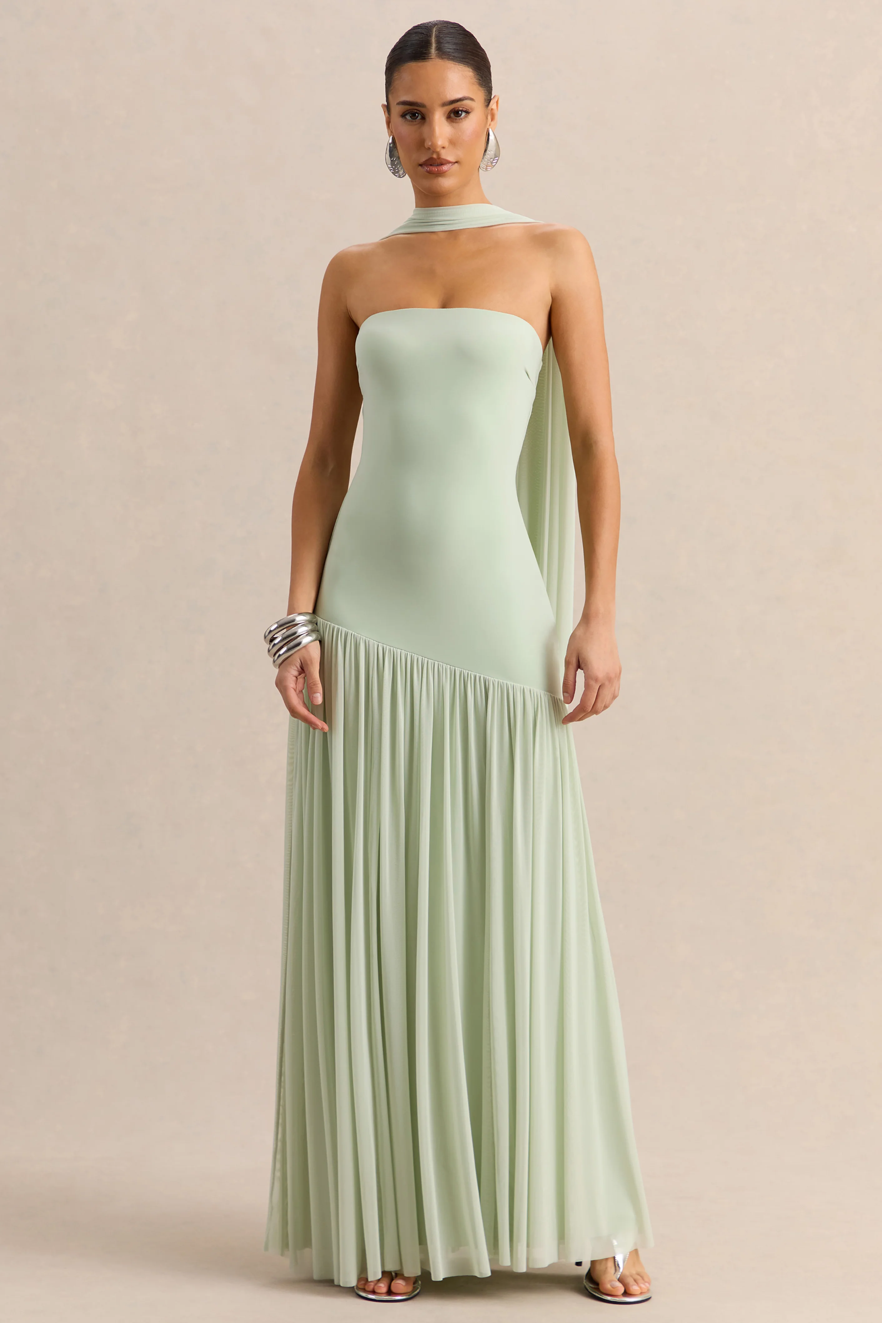 Bambi | Mint Bandeau Maxi Dress With Scarf-Detail - Image 4