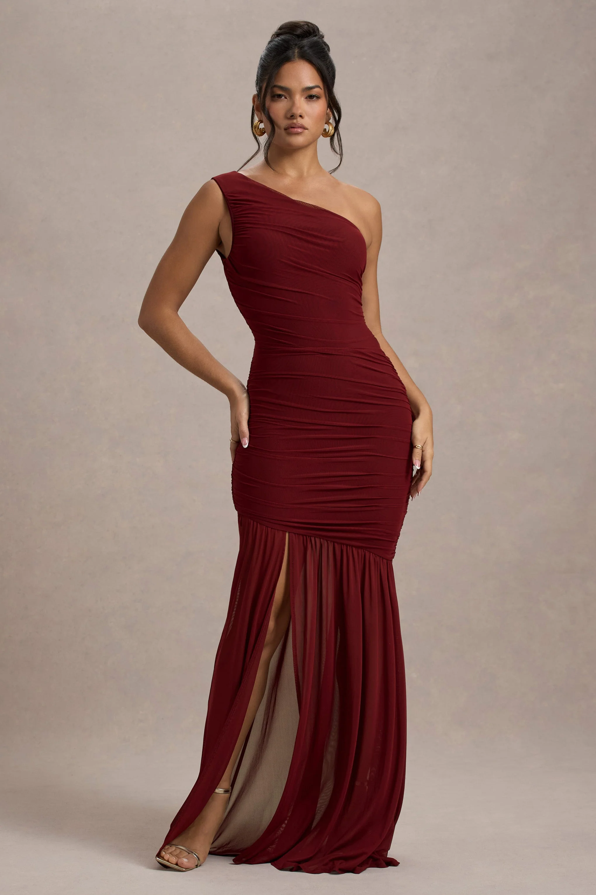 Bastia | Burgundy Ruched Mesh Asymmetric Maxi Dress - Image 5