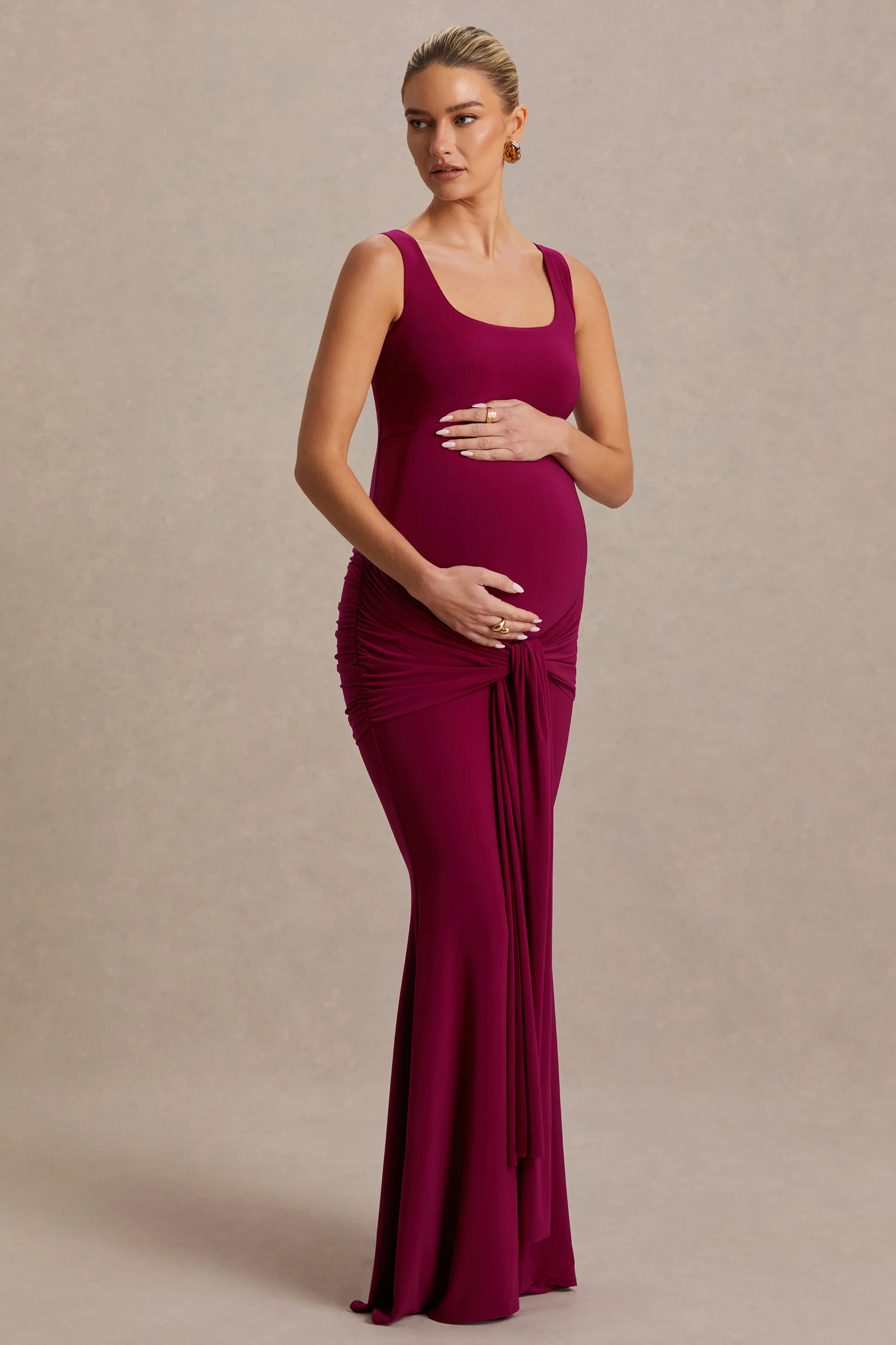 Baylin | Burgundy Square-Neck Maternity Maxi Dress With Ruched Detailing And Sash