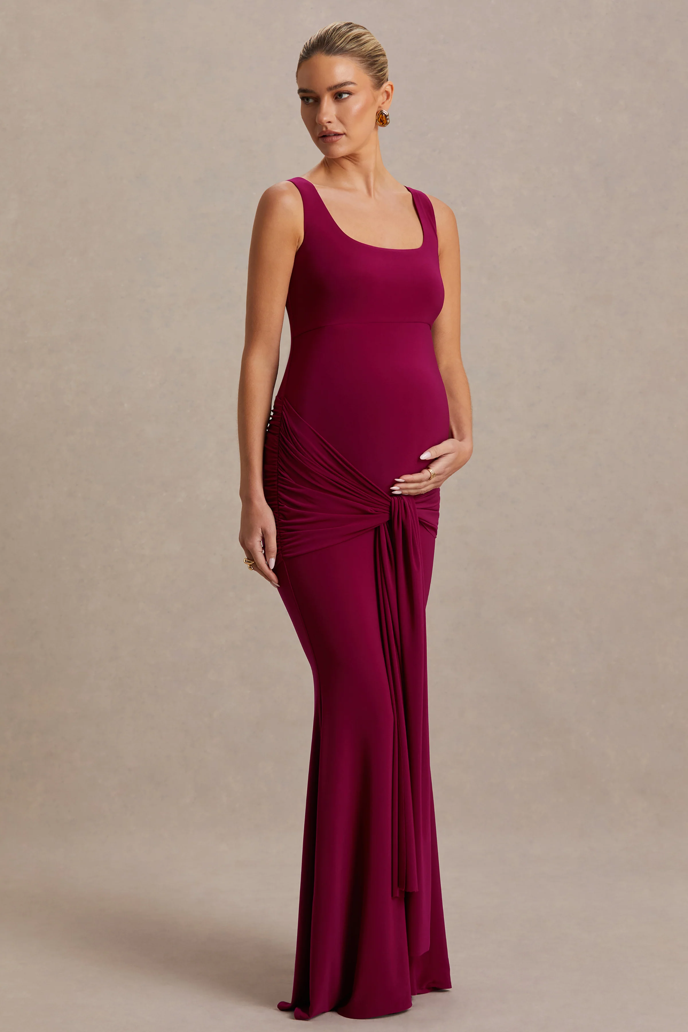 Baylin | Burgundy Square-Neck Maternity Maxi Dress With Ruched Detailing And Sash - Image 4