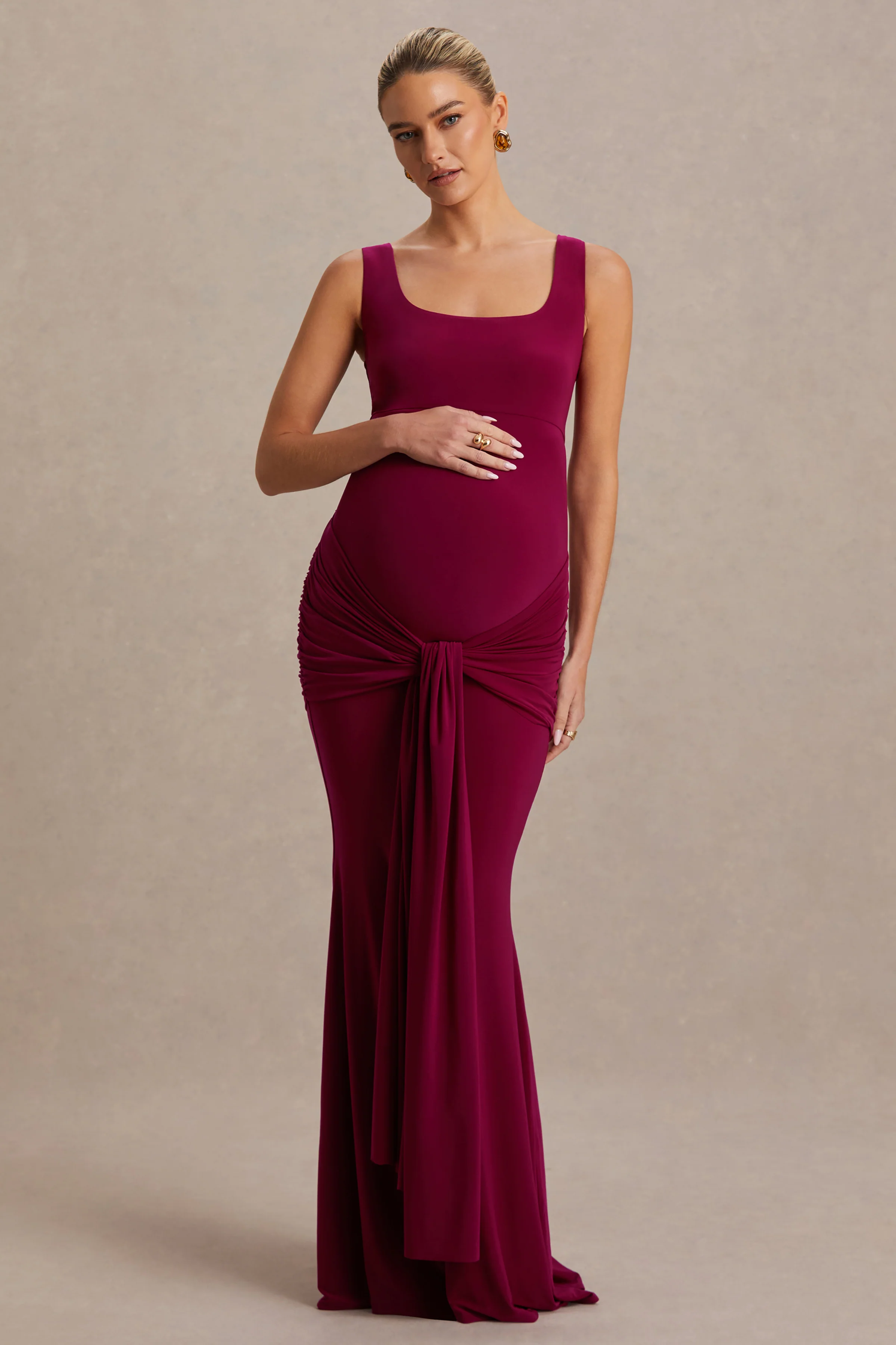 Baylin | Burgundy Square-Neck Maternity Maxi Dress With Ruched Detailing And Sash - Image 5