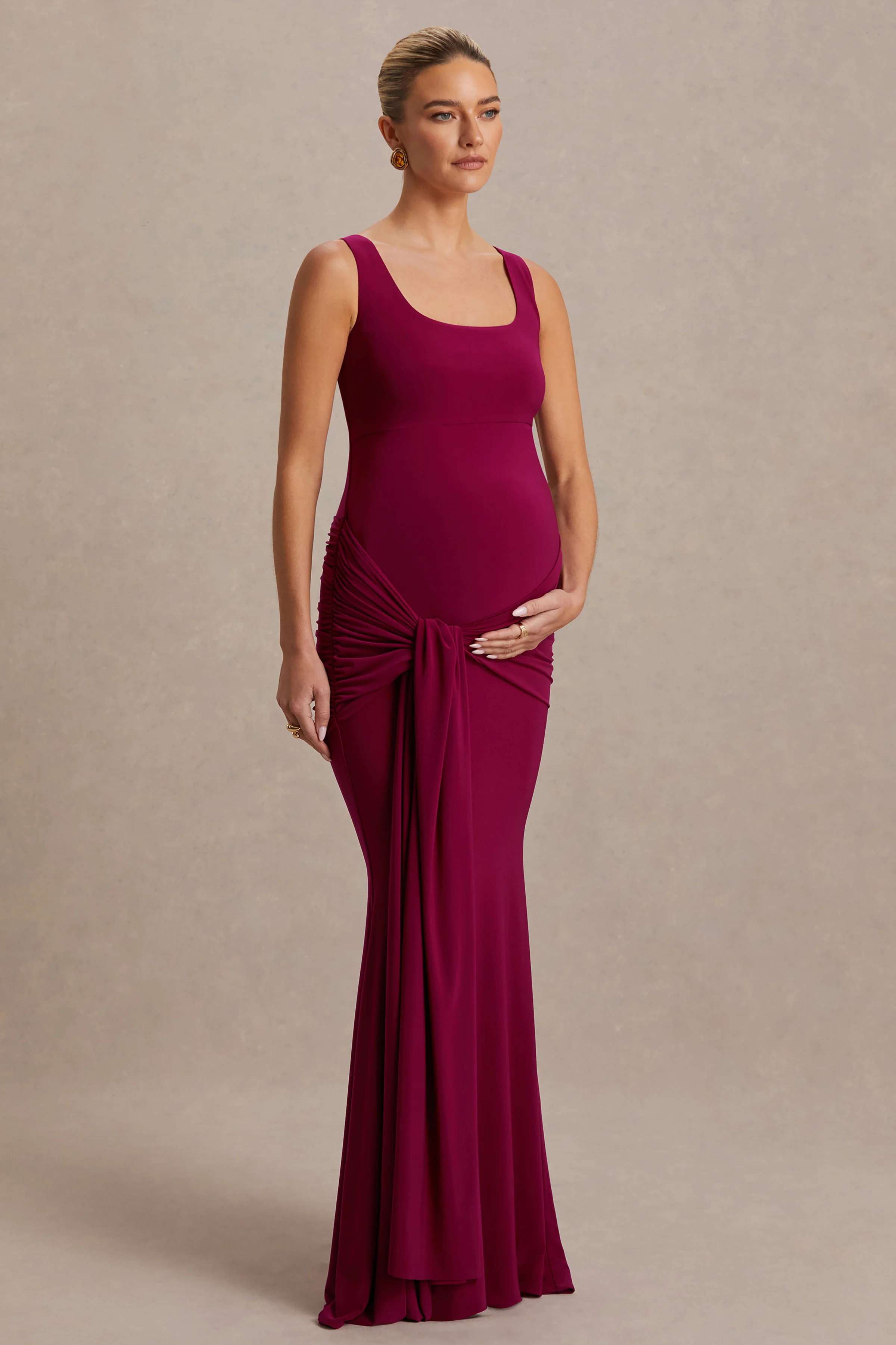 Baylin | Burgundy Square-Neck Maternity Maxi Dress With Ruched Detailing And Sash - Image 6