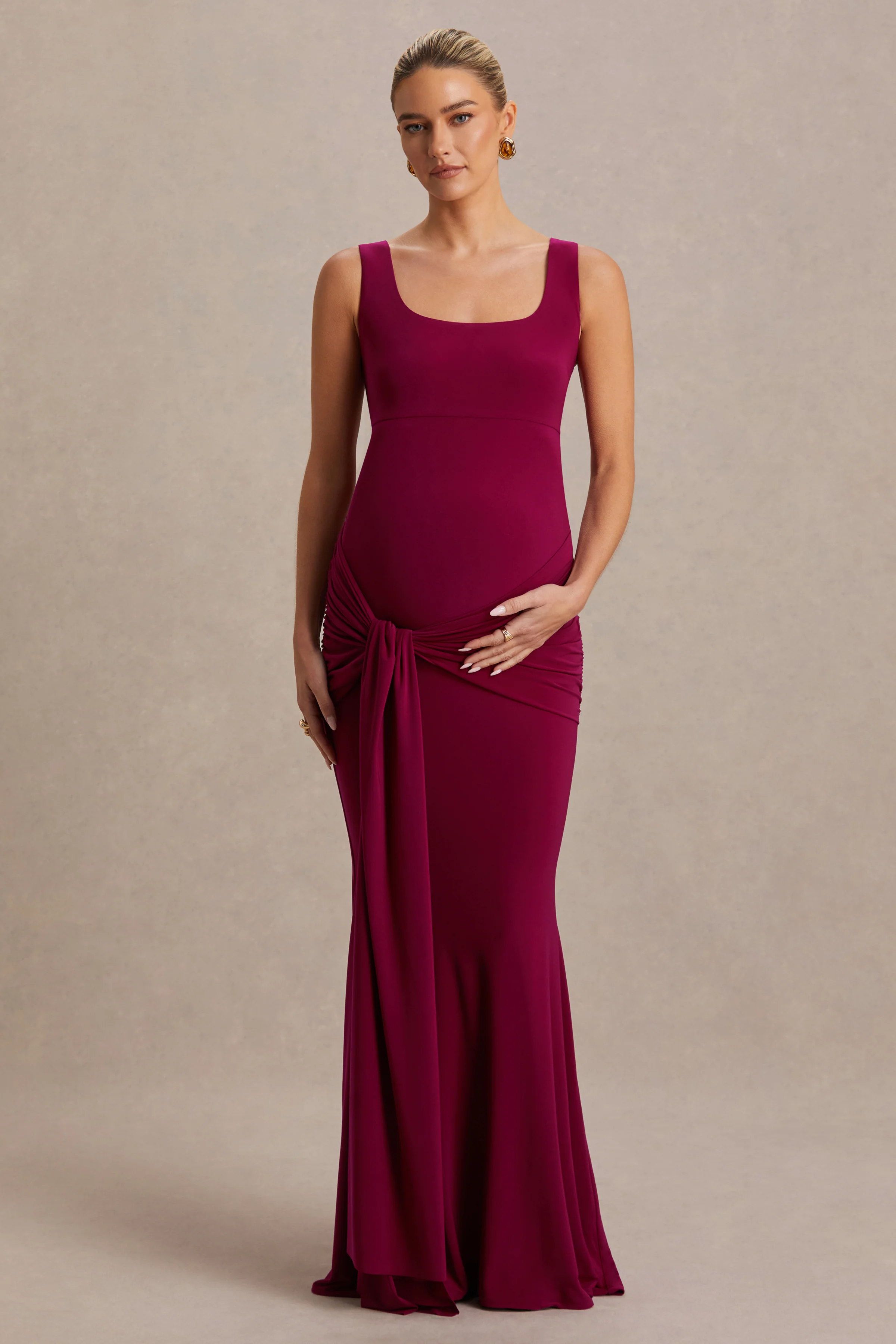Baylin | Burgundy Square-Neck Maternity Maxi Dress With Ruched Detailing And Sash - Image 7