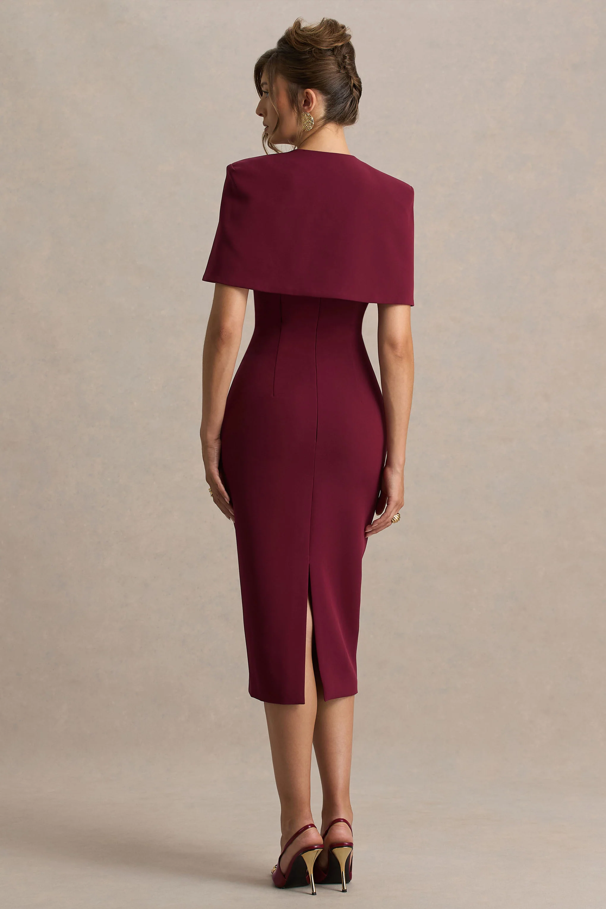 Baylor | Burgundy Midi-Dress With Removable Cape - Image 2