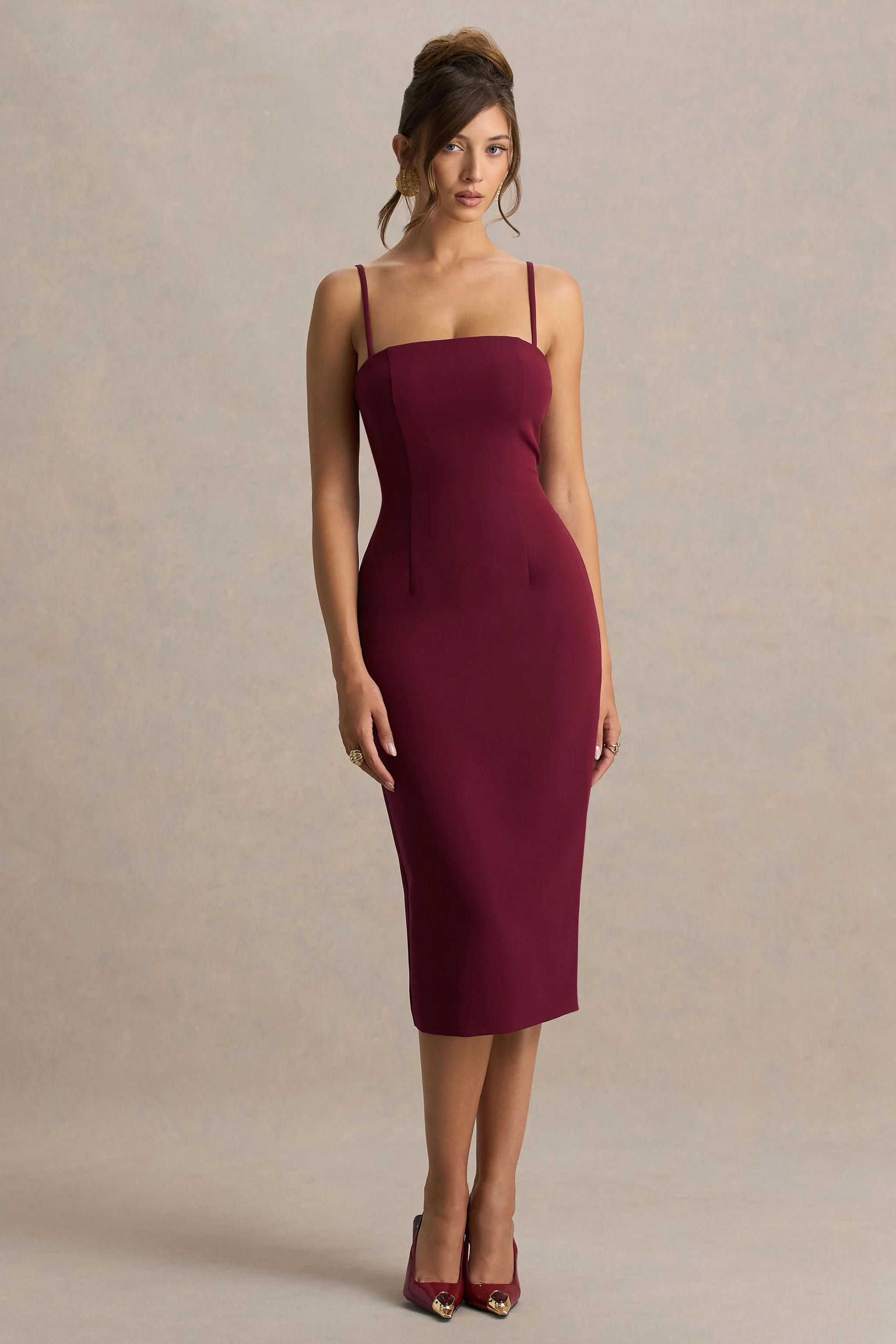 Baylor | Burgundy Midi-Dress With Removable Cape - Image 4