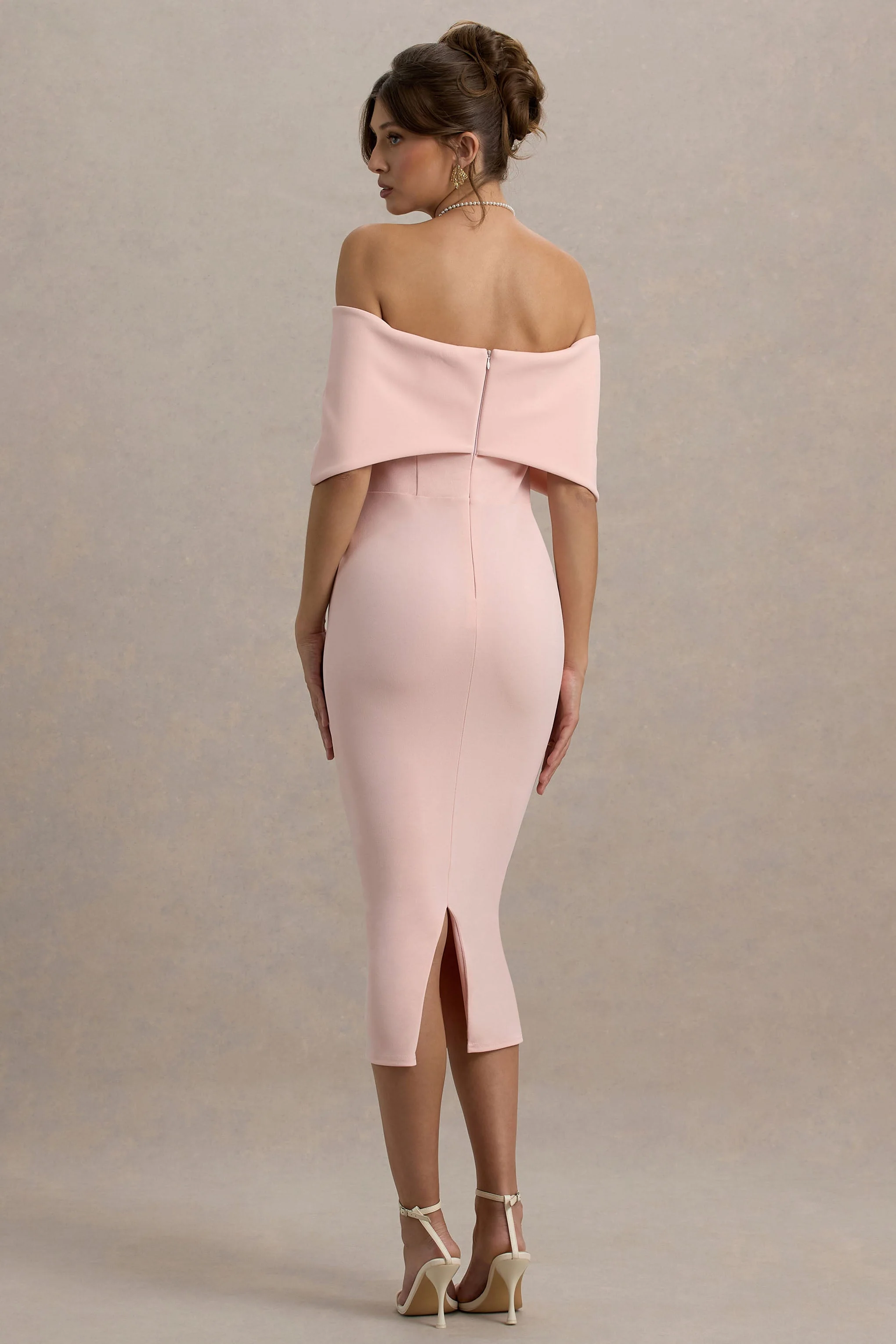 Bayshore | Pink Bow Bardot Midi Dress - Image 2