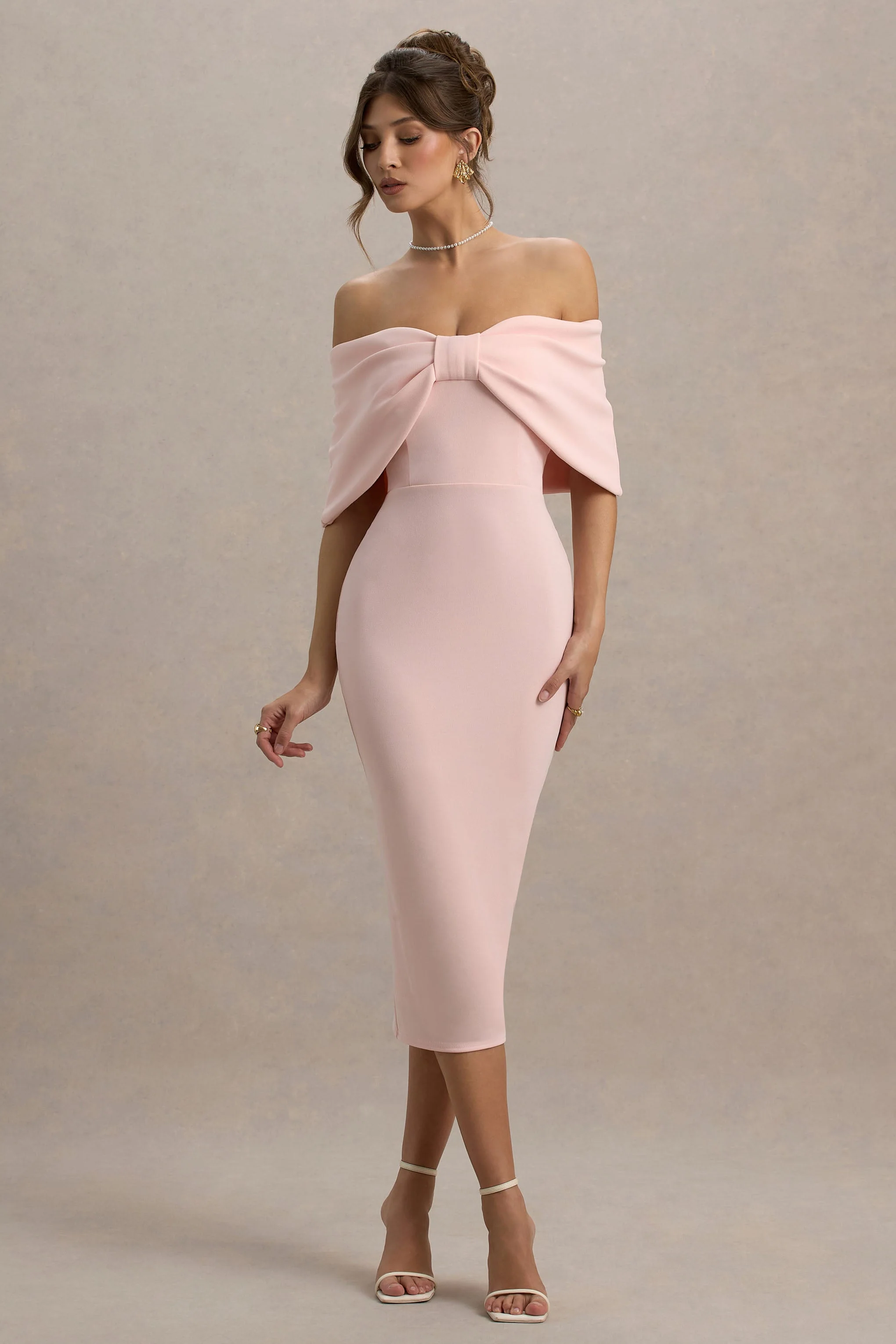 Bayshore | Pink Bow Bardot Midi Dress - Image 3
