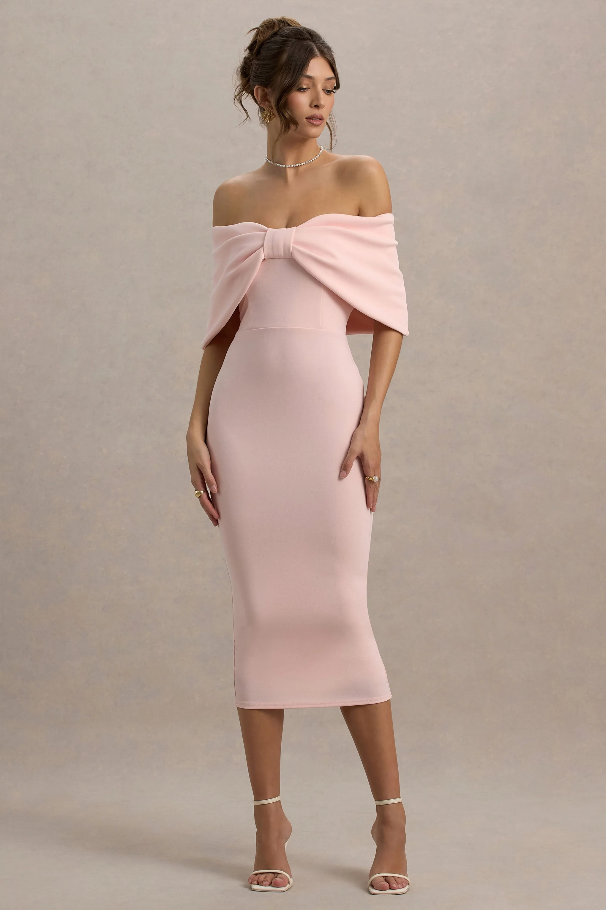 Bayshore | Pink Bow Bardot Midi Dress - Image 5