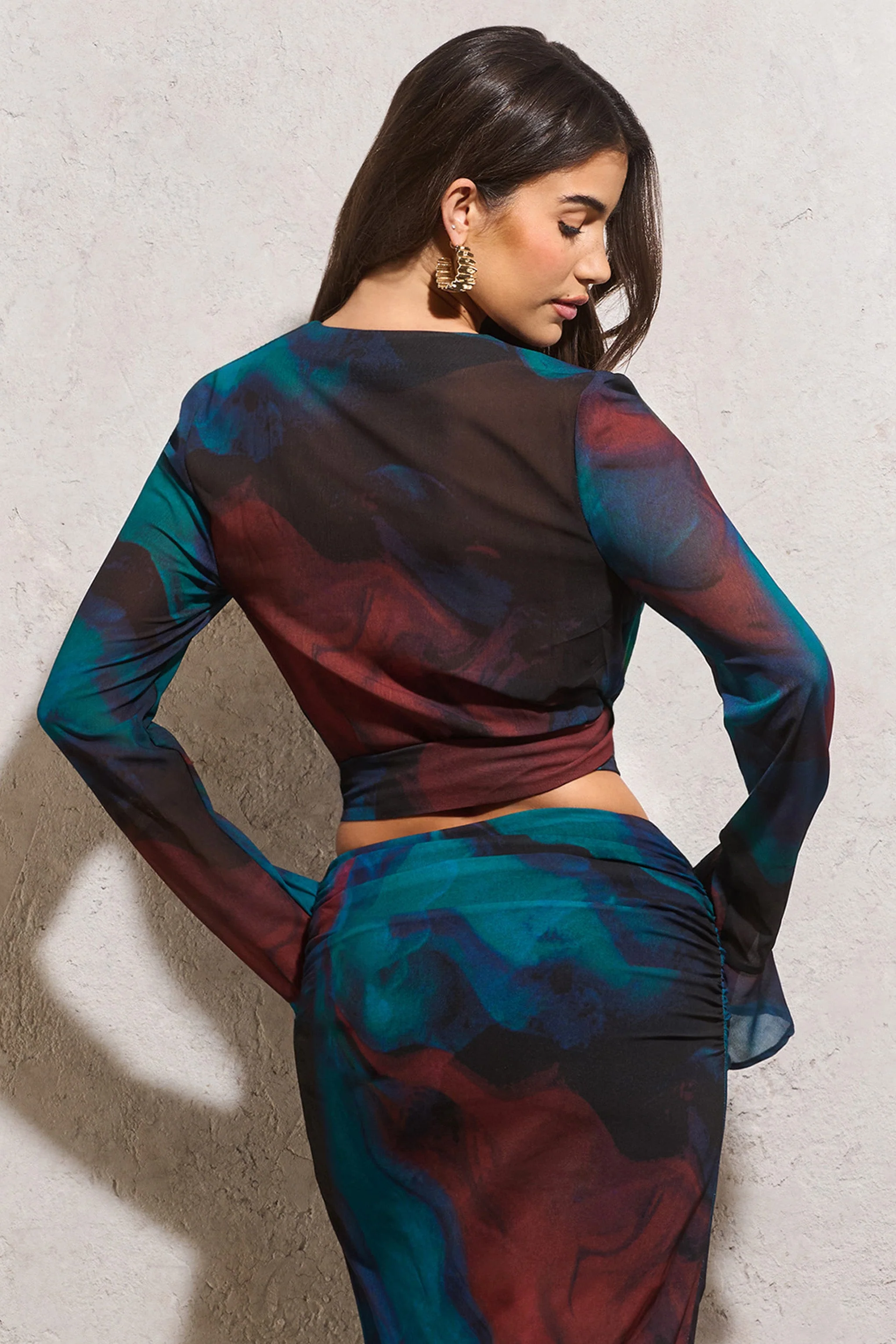 Bayside | Blue Print Chiffon Flared-Sleeve Wrap Top - Image 2