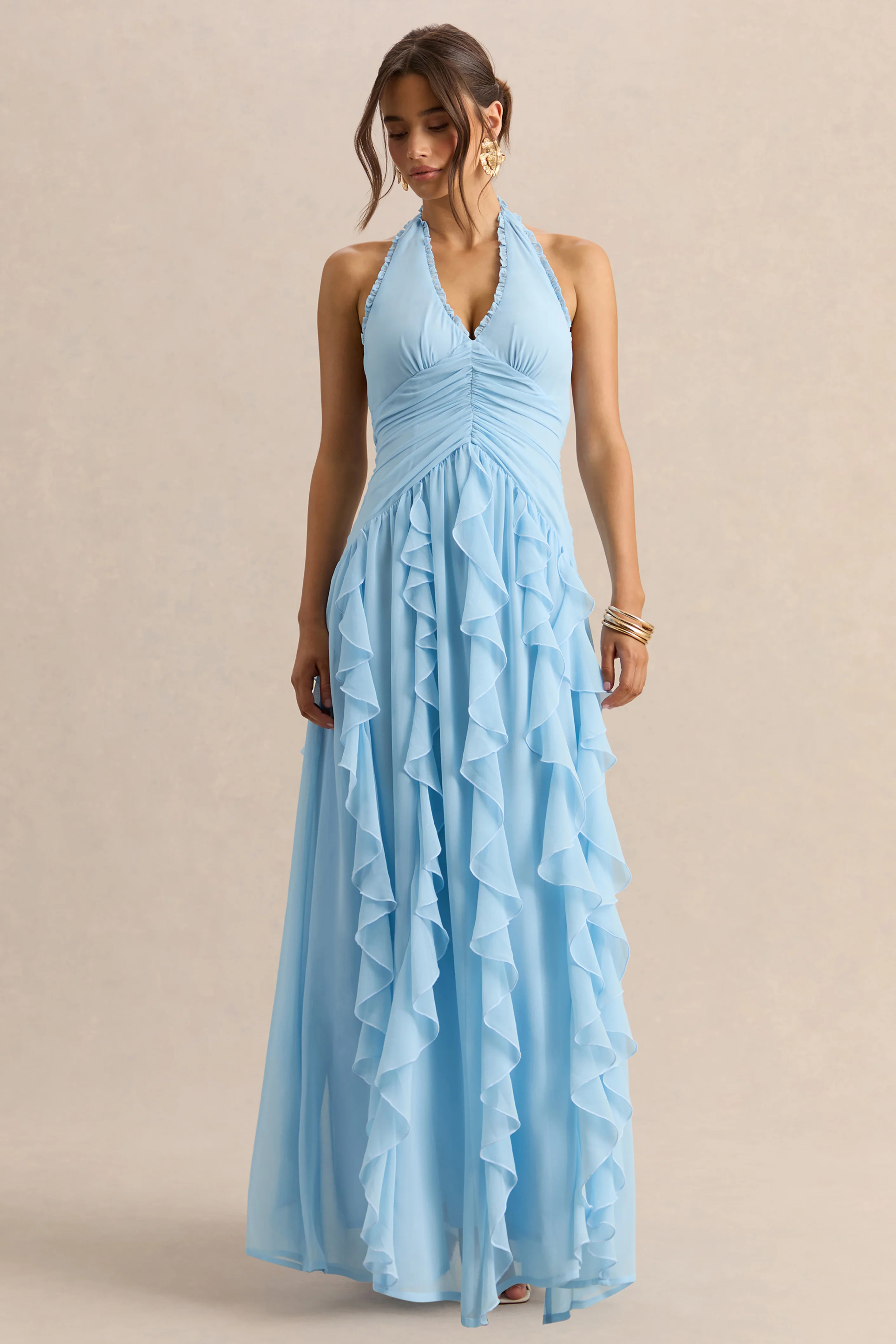 Bea | Powder Blue Plunge-Neck Ruffled Maxi Dress - Image 5