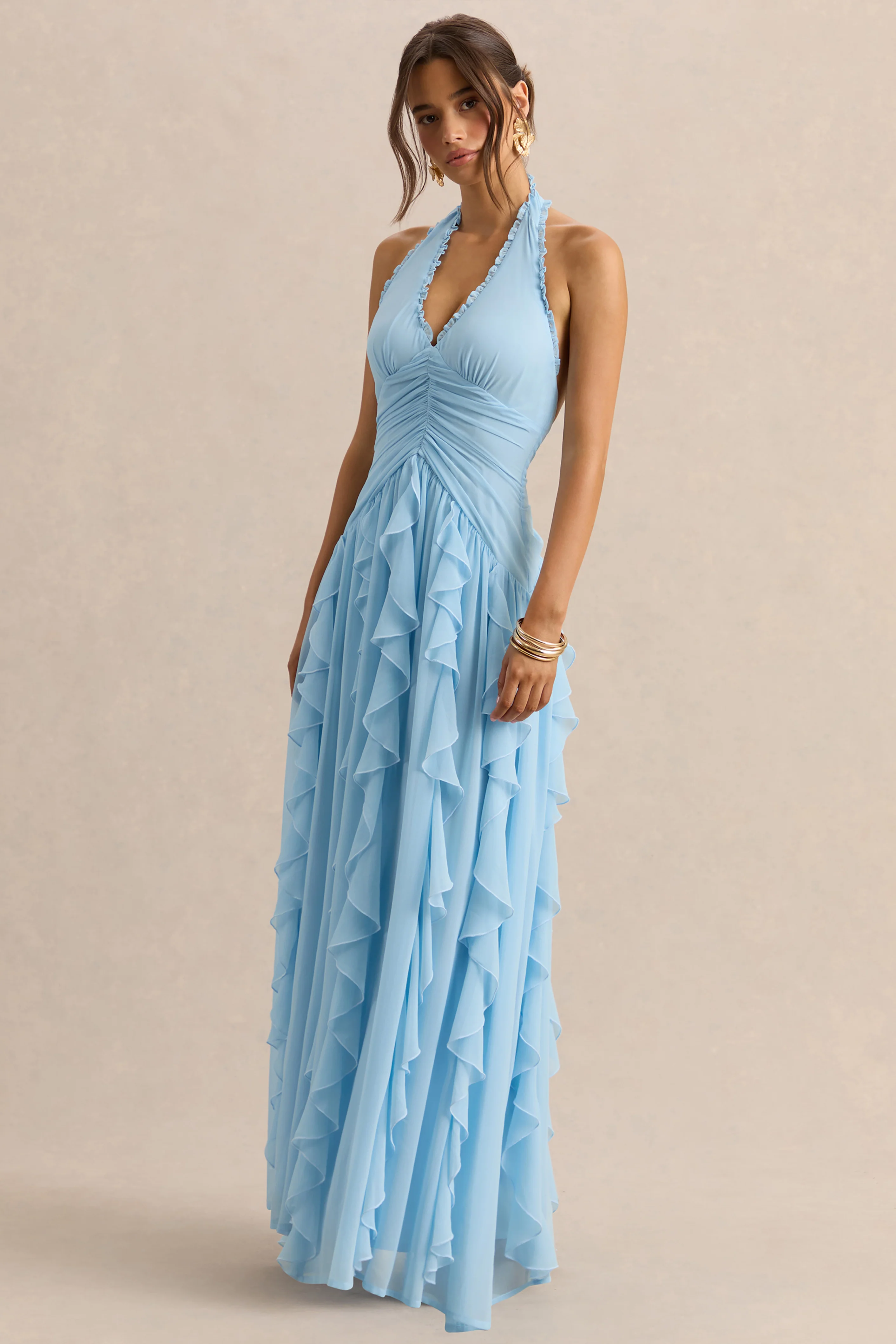 Bea | Powder Blue Plunge-Neck Ruffled Maxi Dress - Image 7