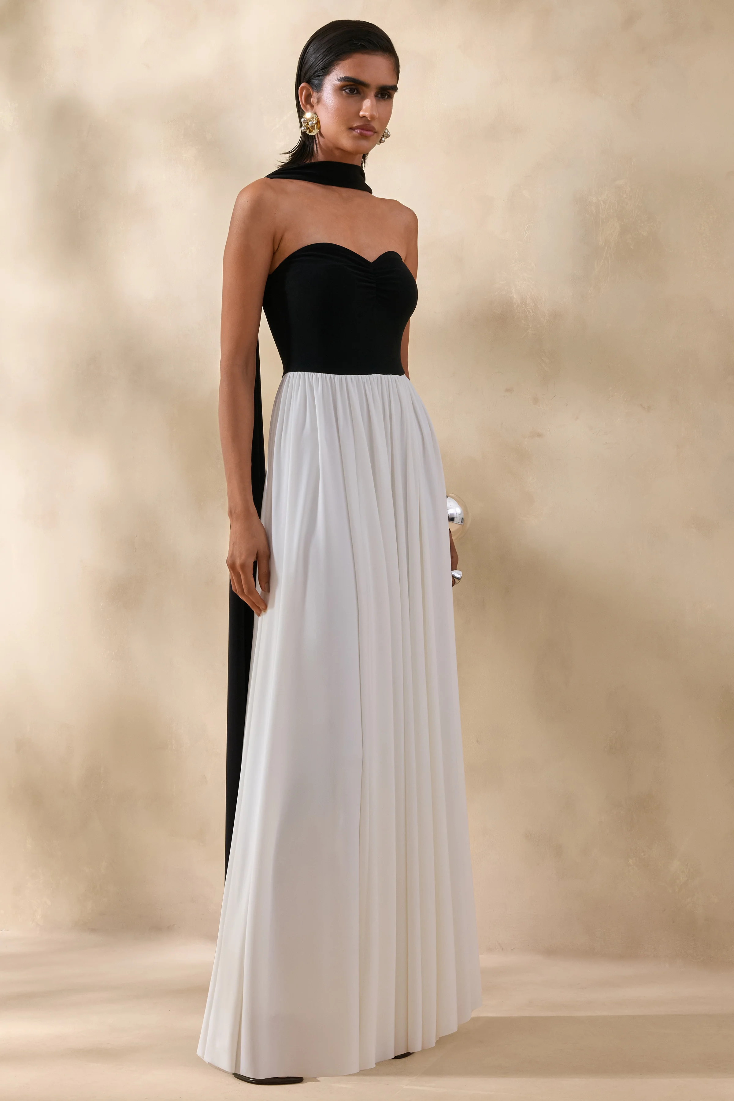 Beamora | Black & White Bandeau Maxi Dress With Cape