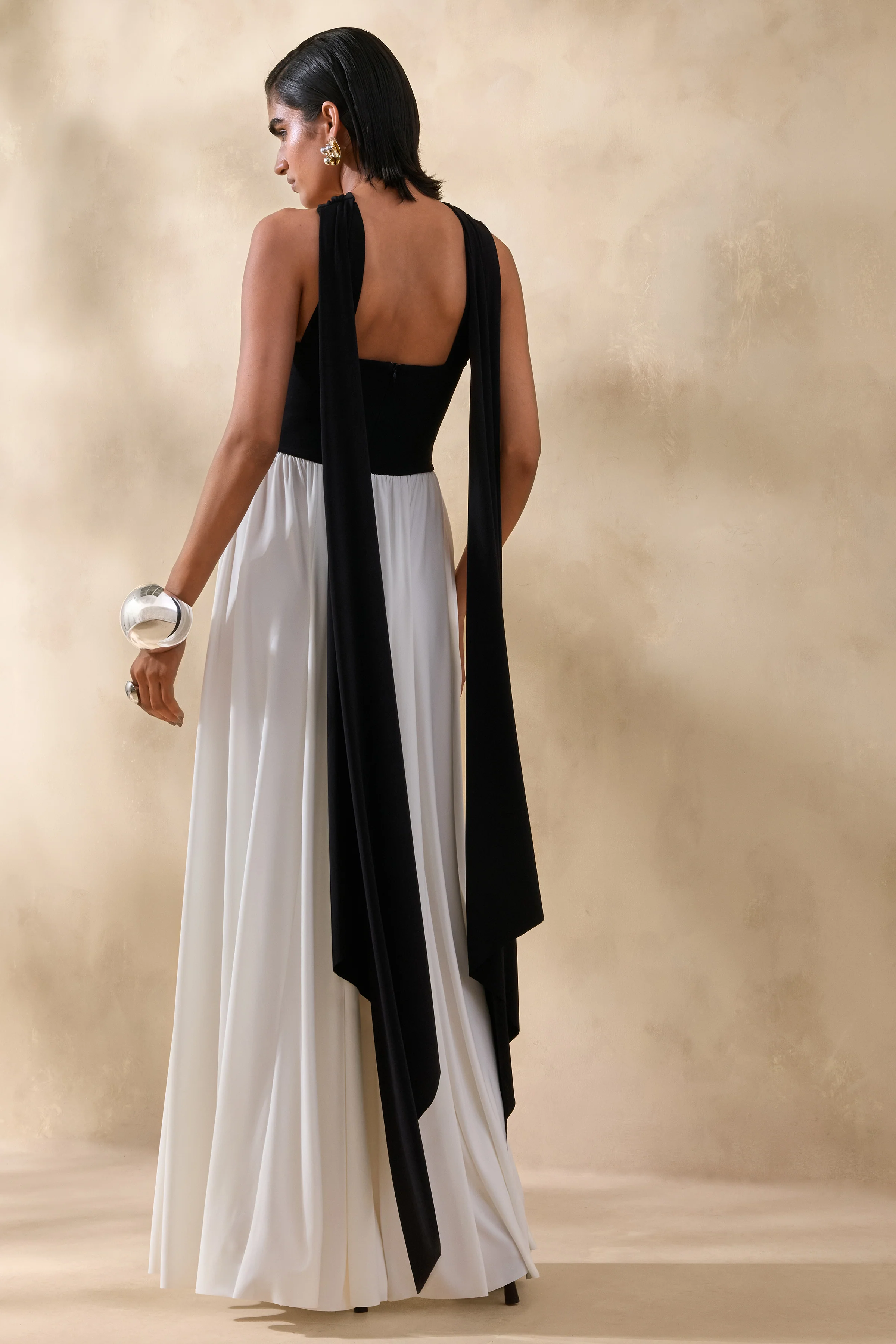 Beamora | Black & White Bandeau Maxi Dress With Cape - Image 2