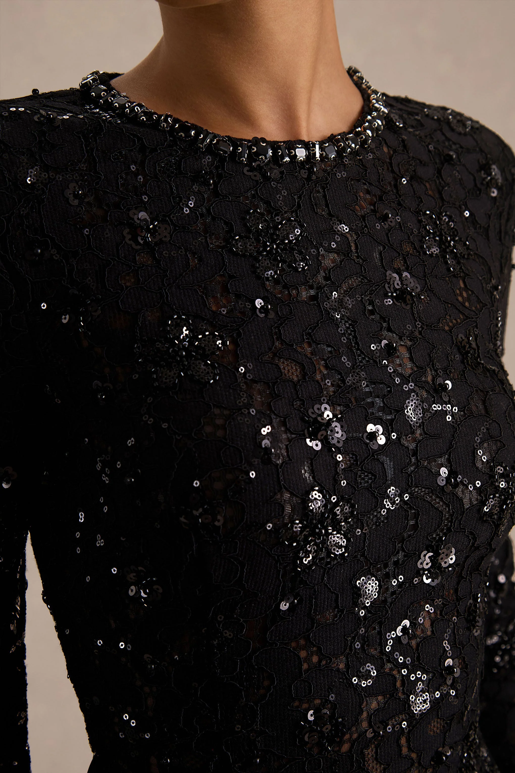 Beau | Black Lace High-Neck Maxi Dress With Draped Detail - Image 3