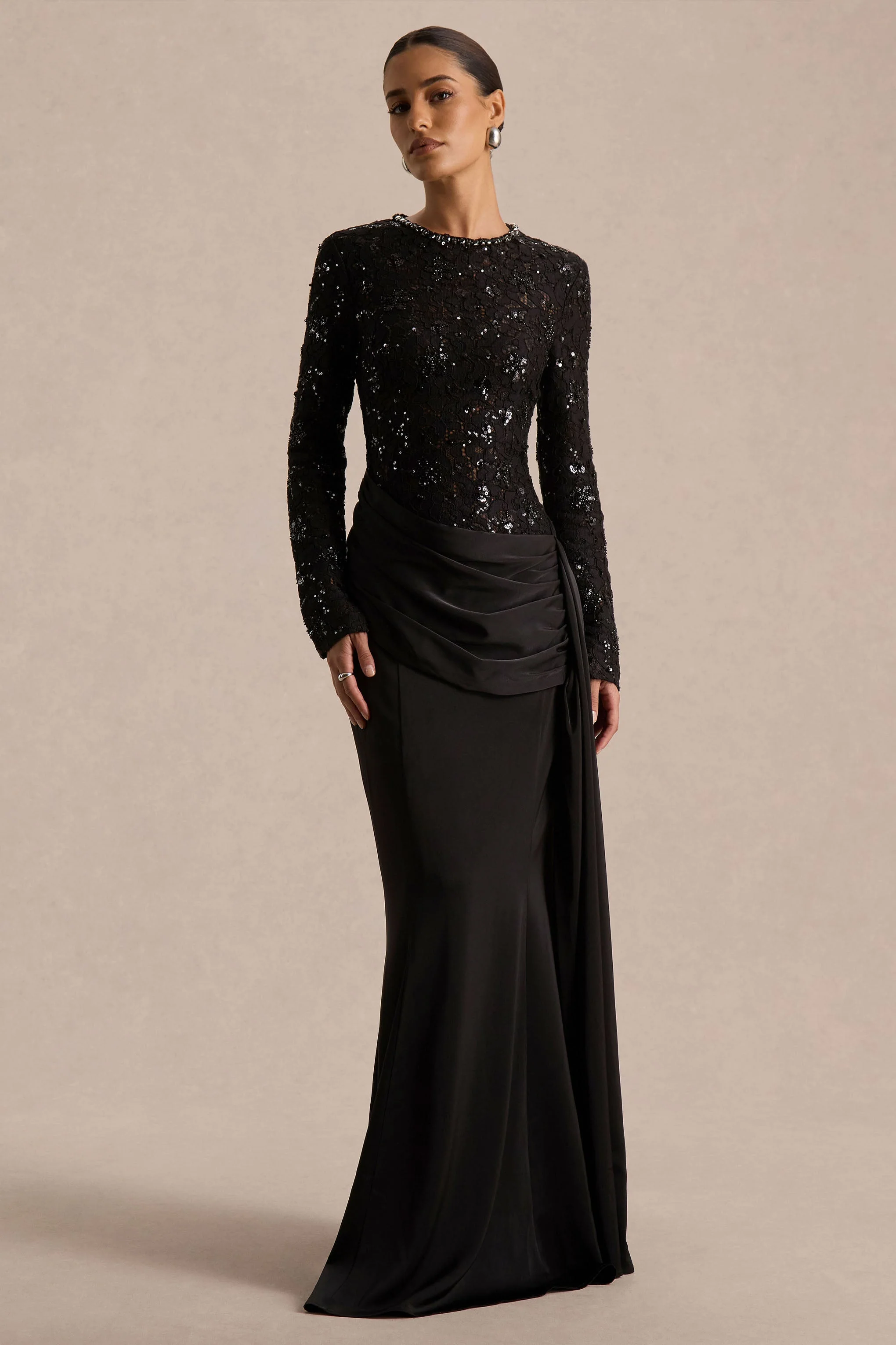 Beau | Black Lace High-Neck Maxi Dress With Draped Detail - Image 4