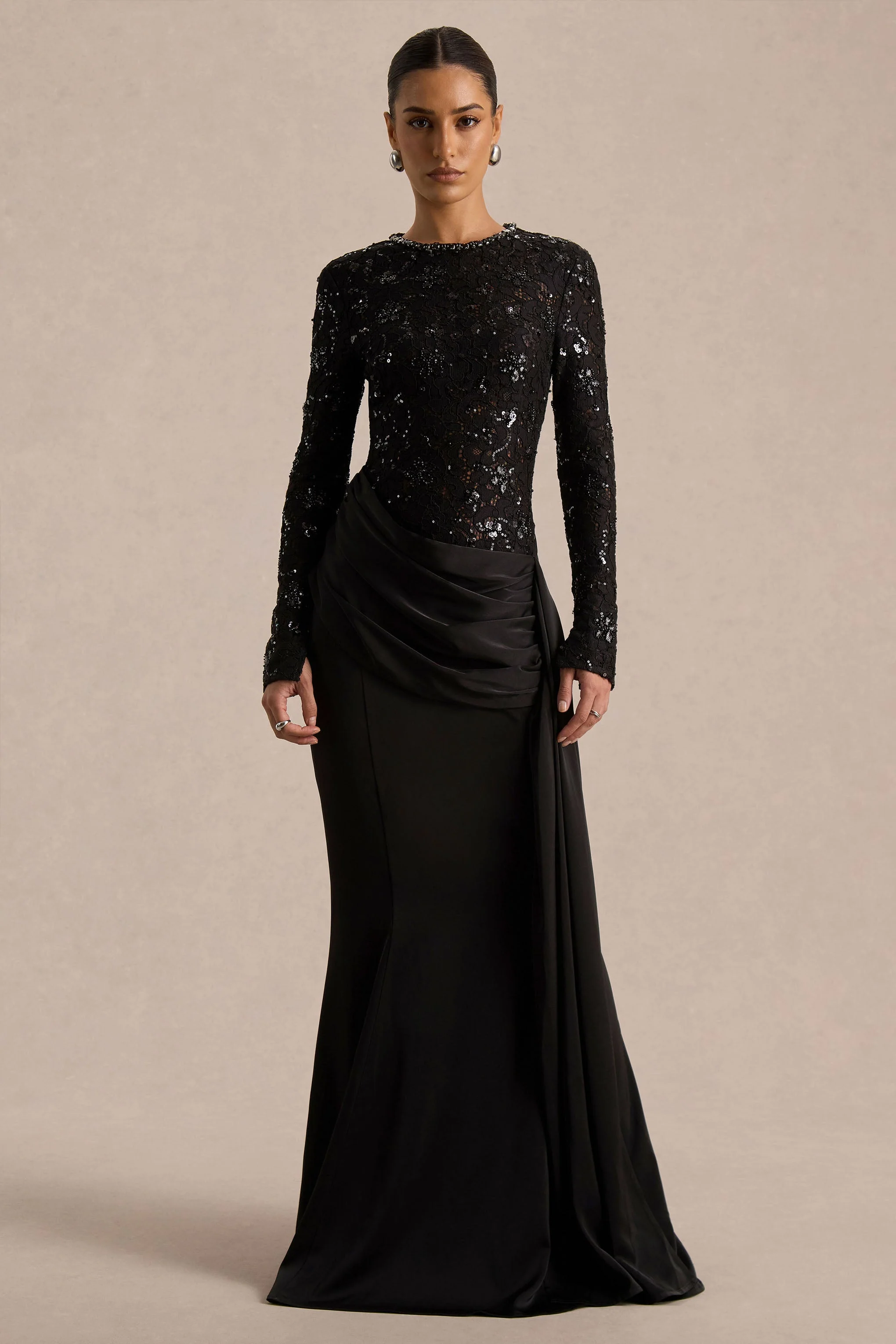 Beau | Black Lace High-Neck Maxi Dress With Draped Detail - Image 5