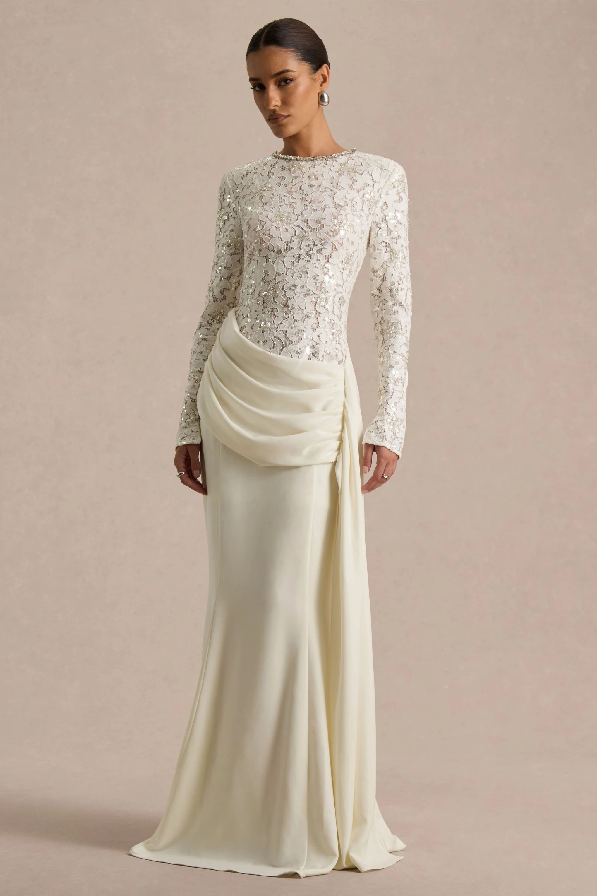 Beau | Ecru Lace Embellished Crew-Neck Maxi Dress With Draped Detail - Image 3