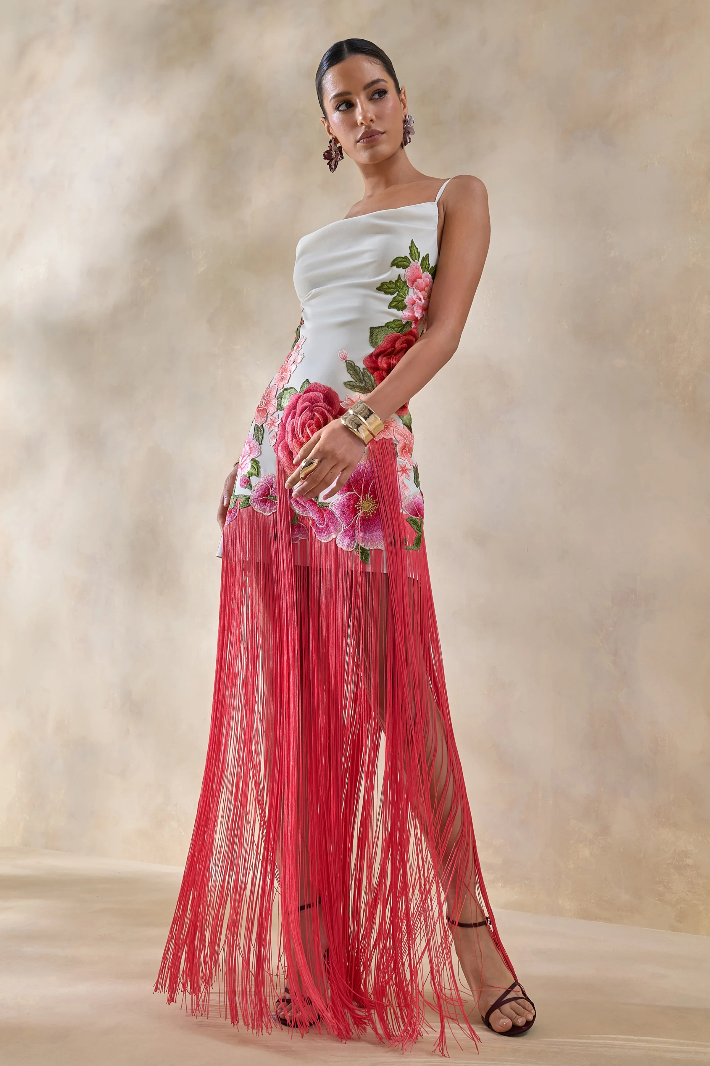 Bejewelled | Cream and Pink Floral Cowl-Neck Maxi Dress With Fringe Hem - Image 4