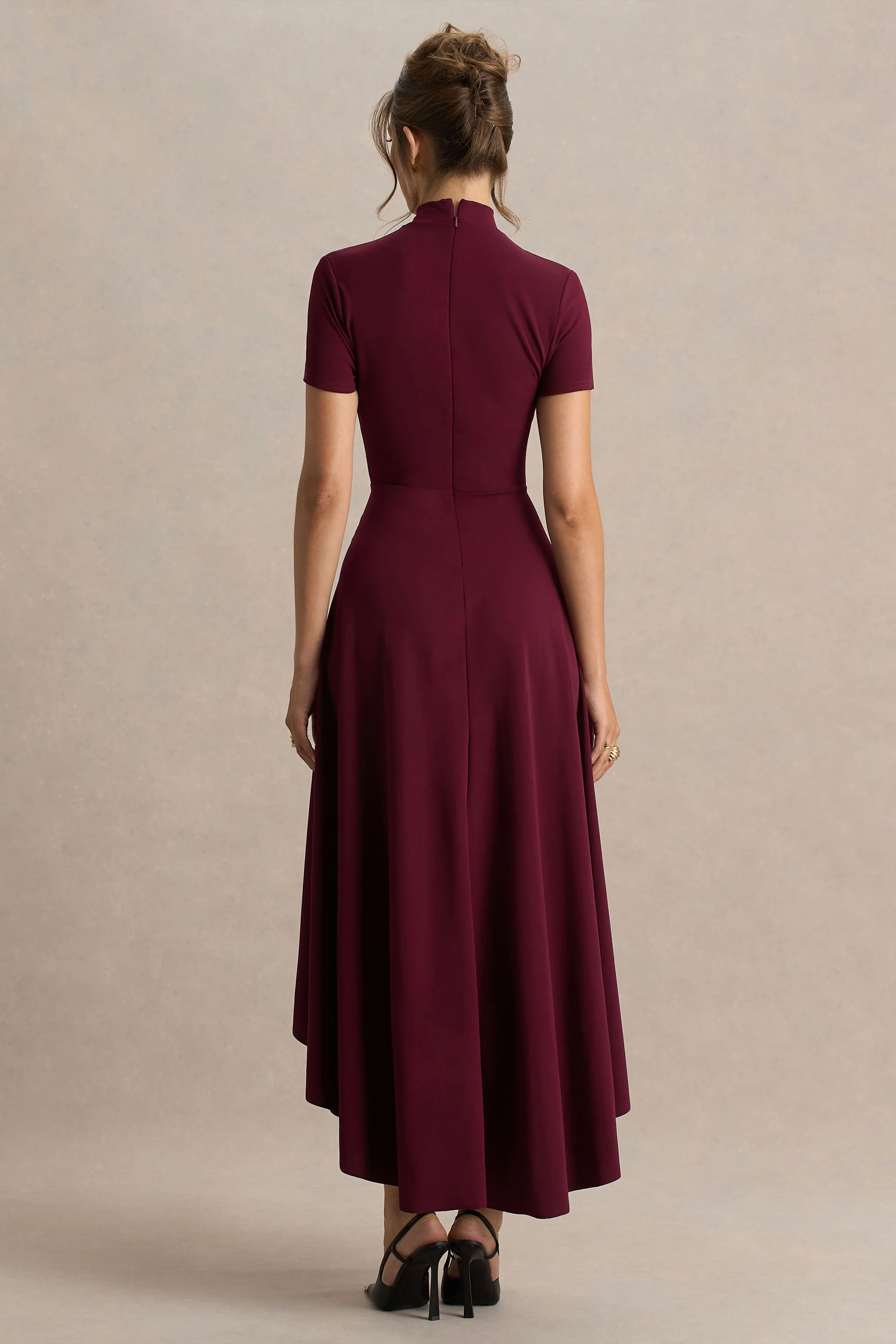Bellona | Burgundy High-Neck High-Low Midi Dress - Image 2