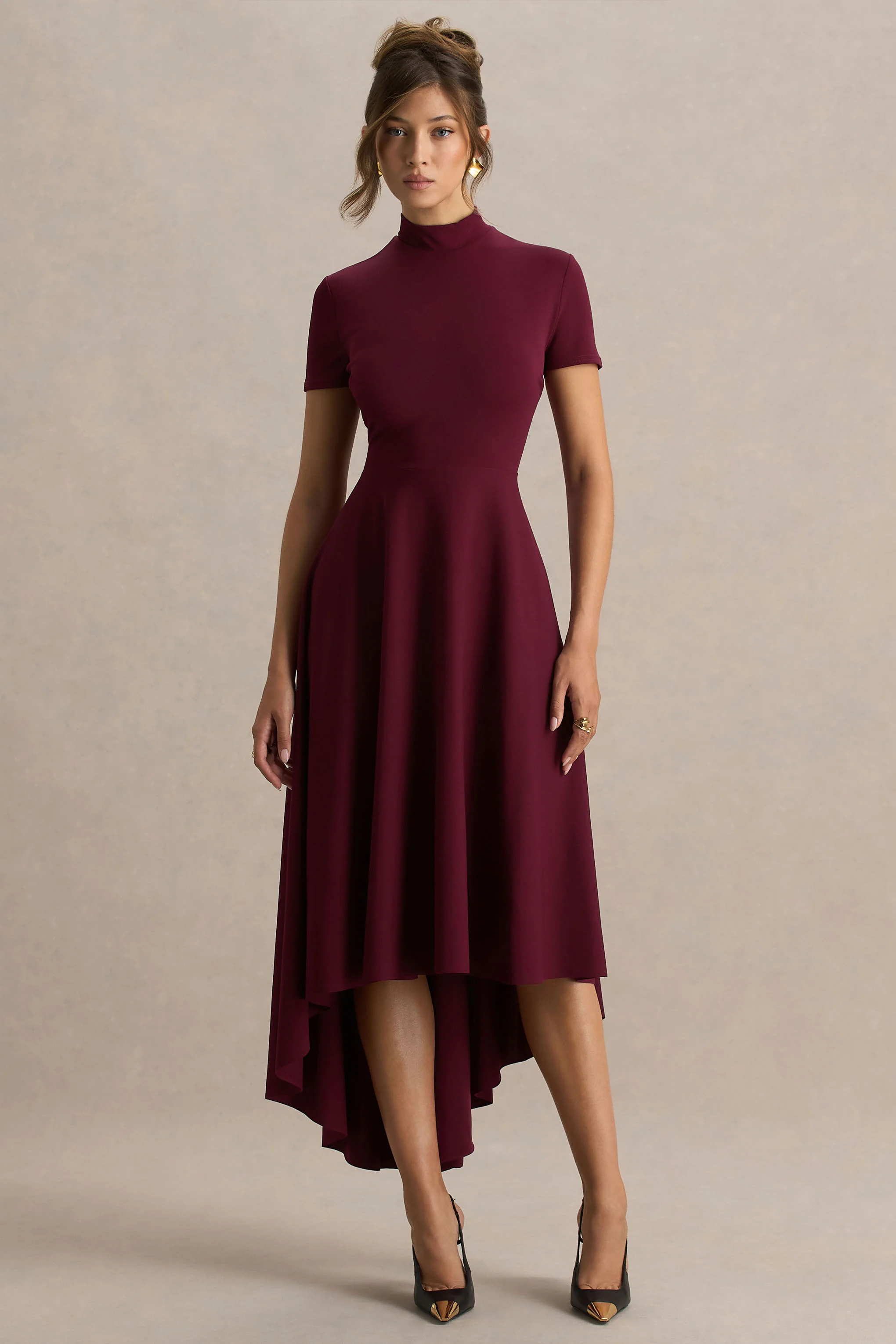 Bellona | Burgundy High-Neck High-Low Midi Dress - Image 4