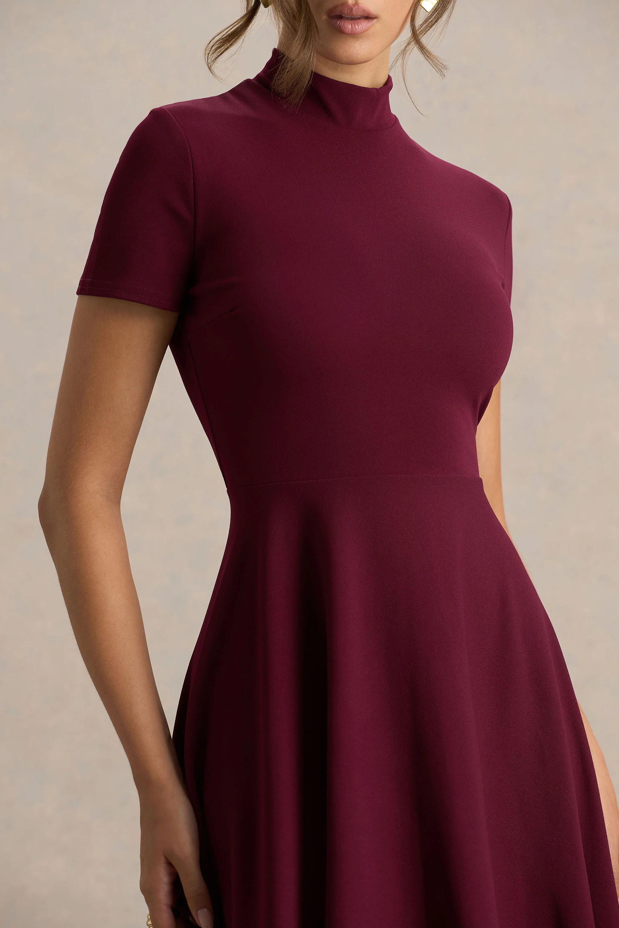 Bellona | Burgundy High-Neck High-Low Midi Dress - Image 5
