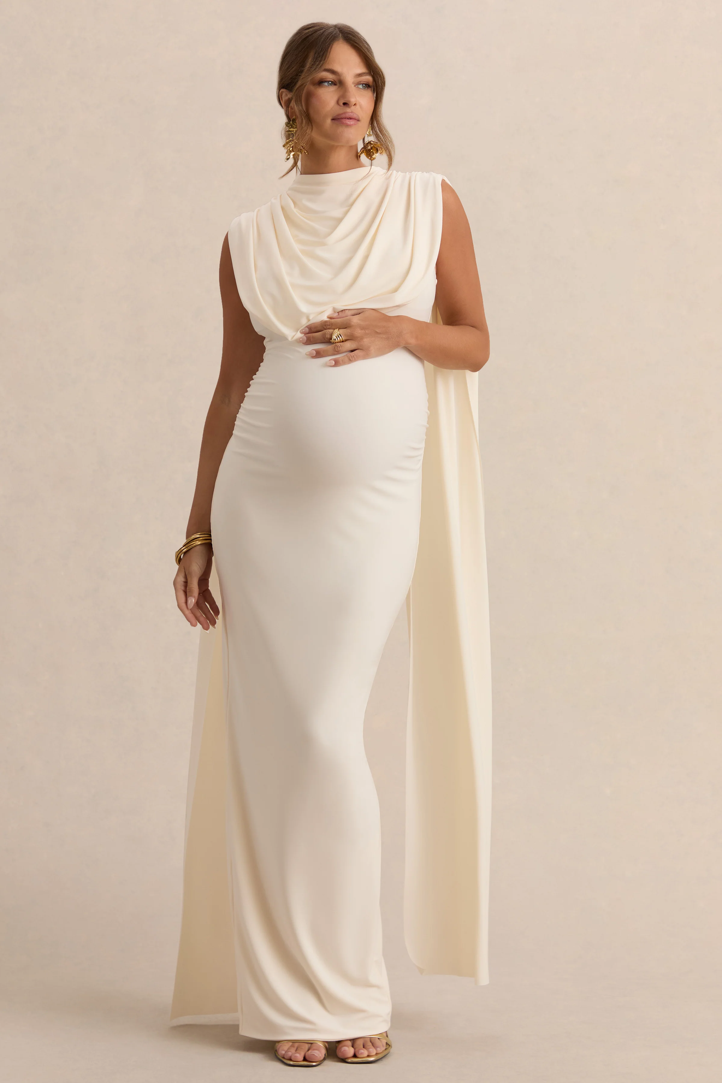 Belva | Cream Round-Neck Maternity Maxi Dress With Cape Detail