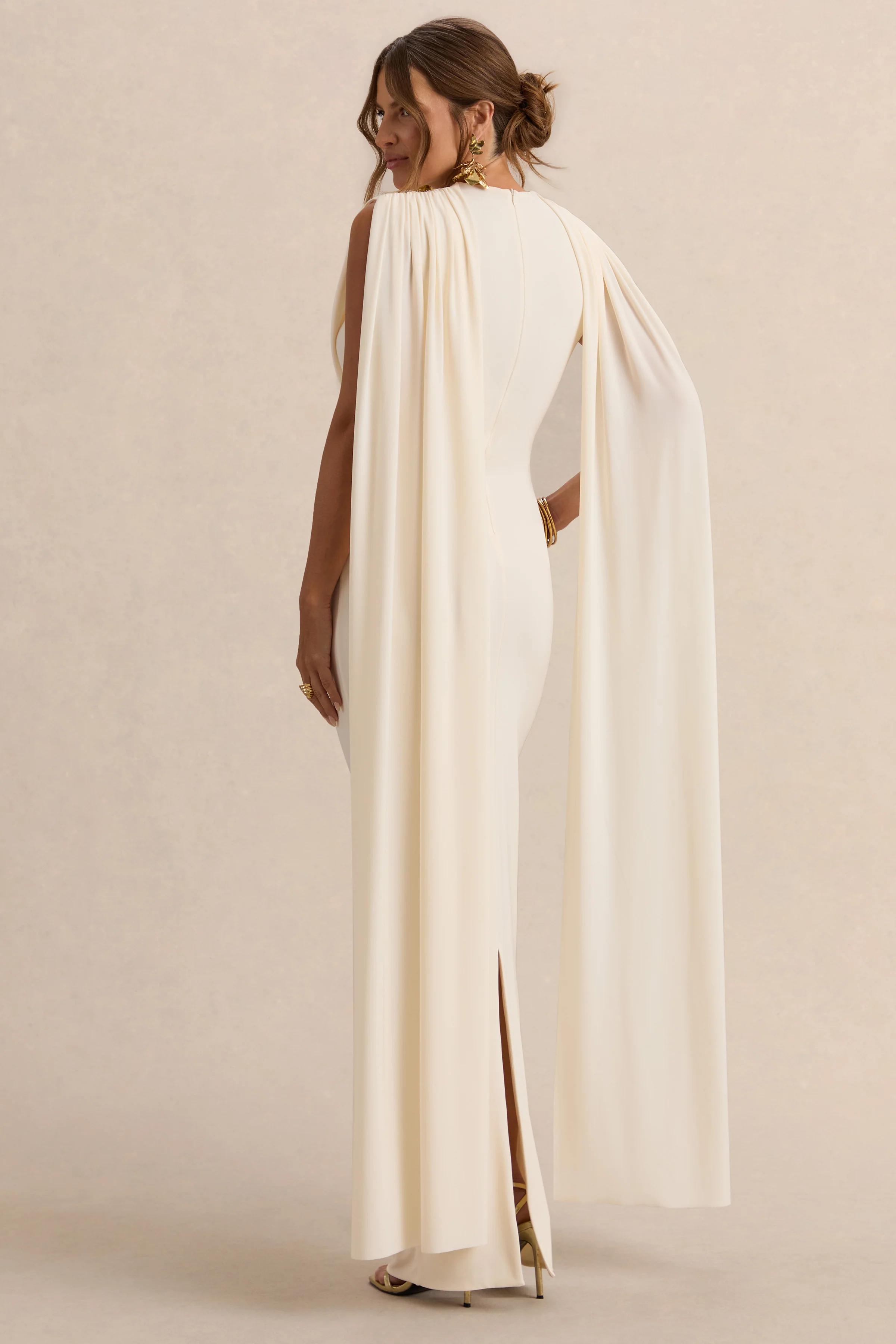 Belva | Cream Round-Neck Maternity Maxi Dress With Cape Detail - Image 2