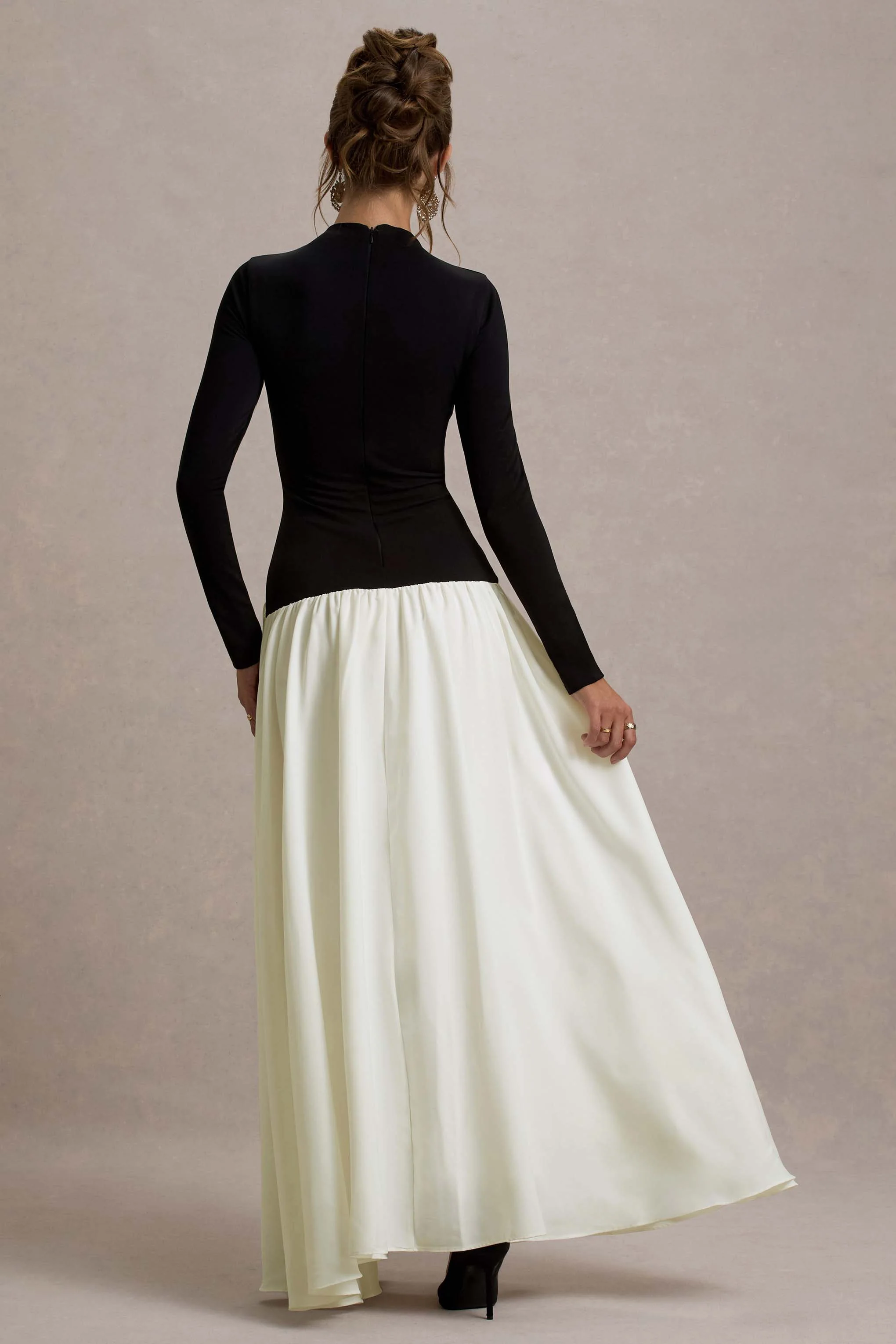 Benedetta | Black & Cream Long-Sleeve Drop-Waist Maxi Dress - Image 2