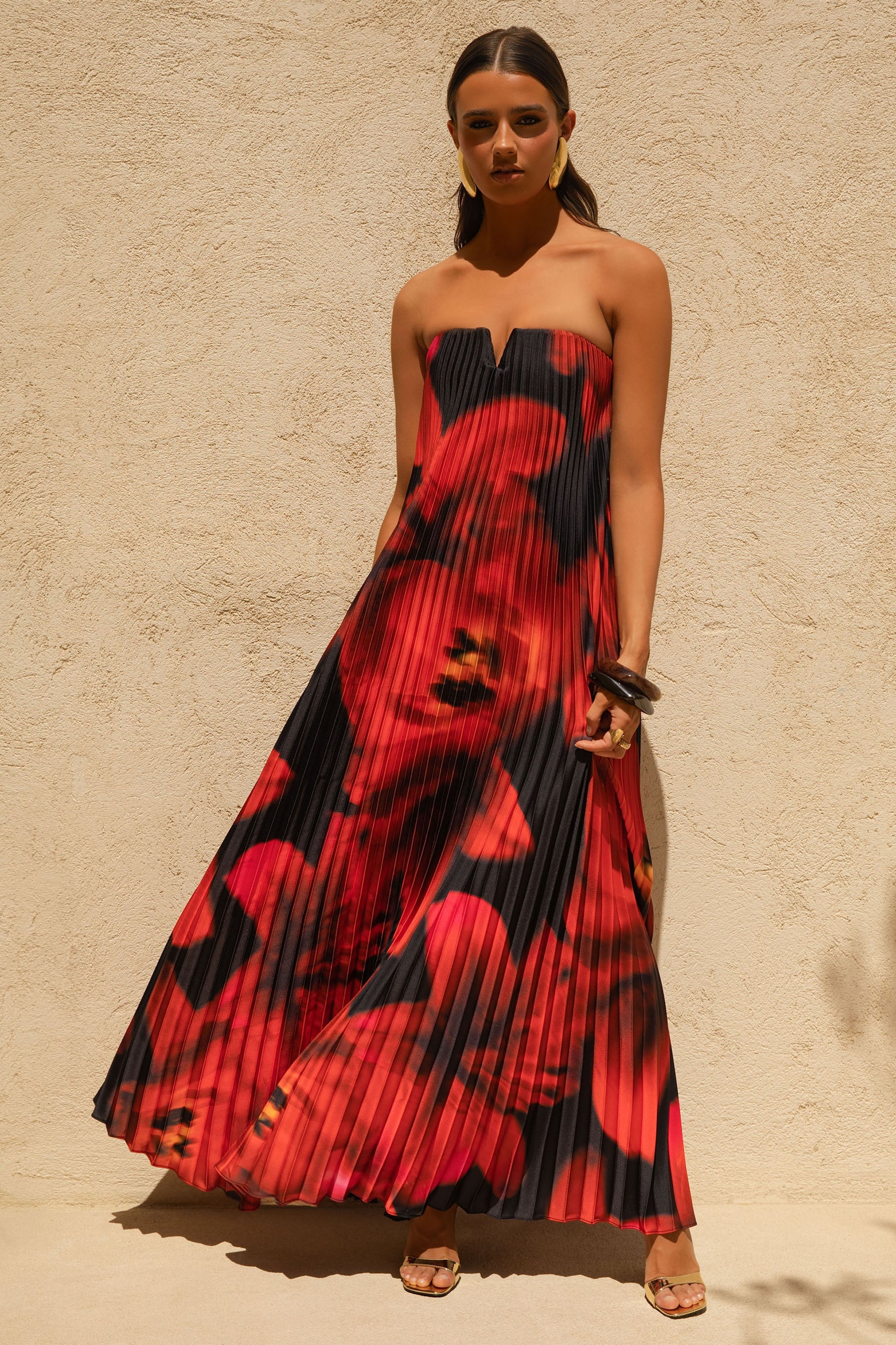 Bergamot | Black And Red Floral Print Satin Sweetheart Maxi Dress - Image 4